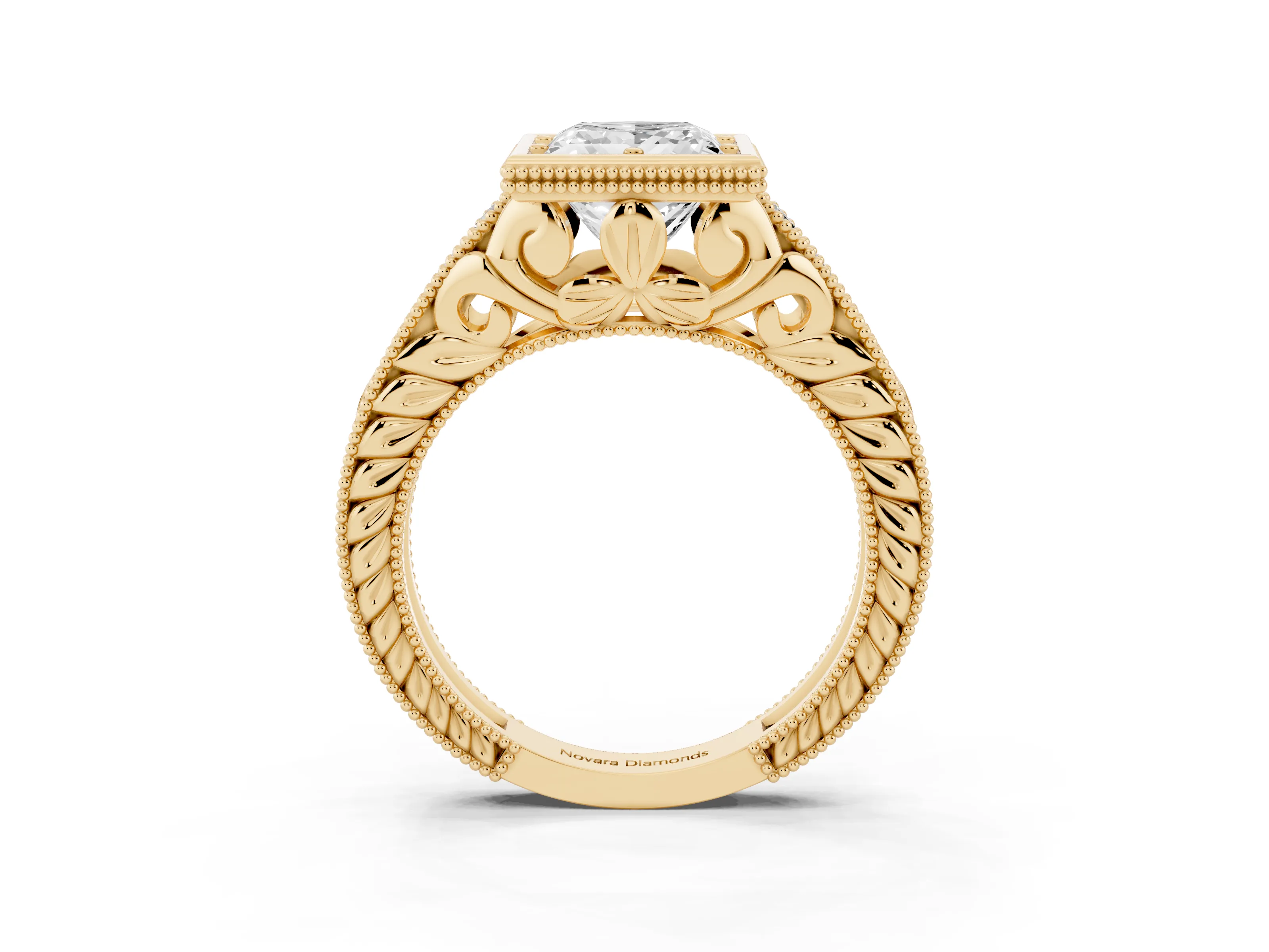 Bezel Set Princess Cut Diamond Milgrain Pavé Engagement Ring Set in Yellow gold
