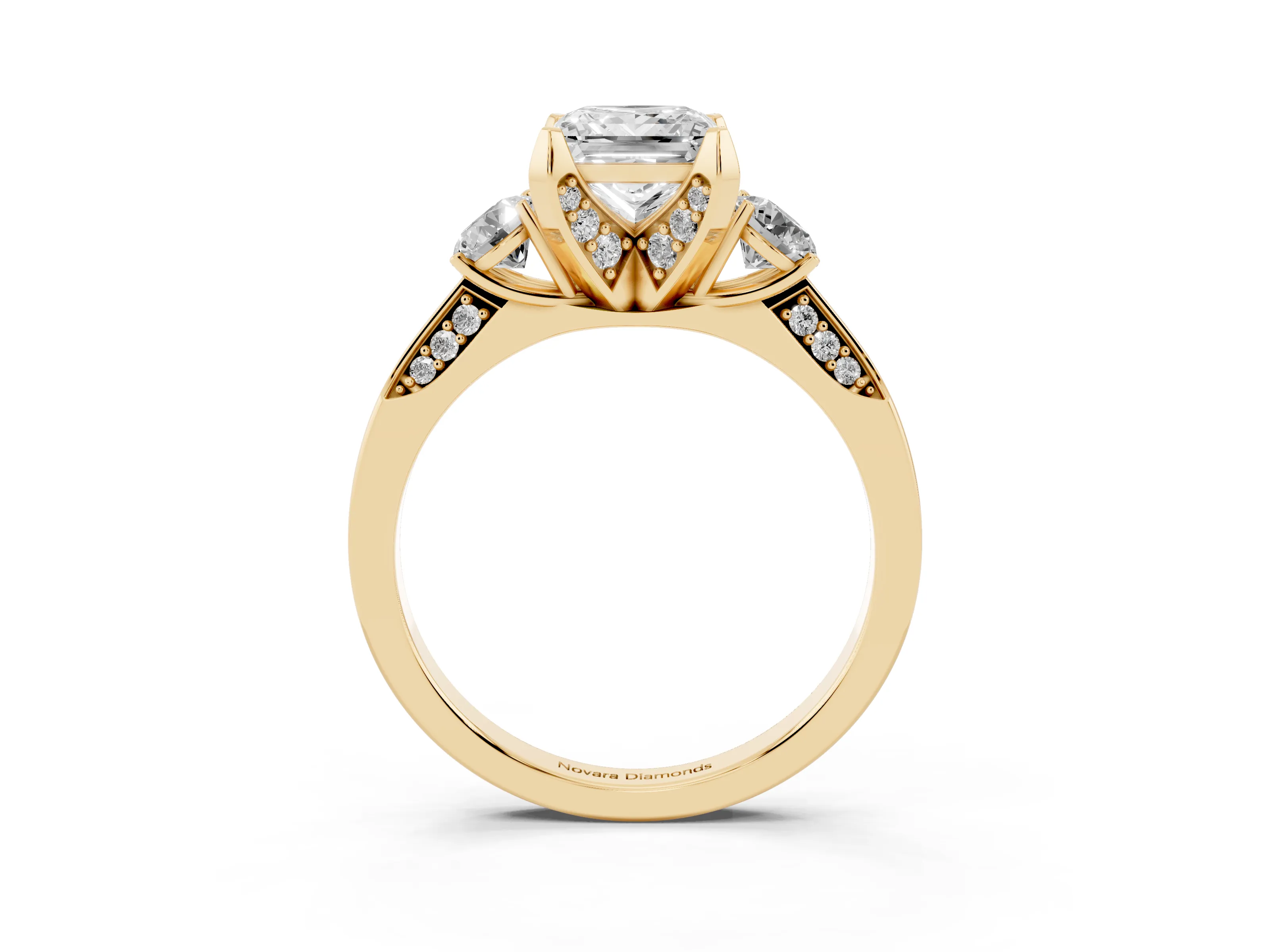 Princess Cut Diamond Three-Stone Ring Set in Yellow gold with Pavé Band and Smaller Side Stones