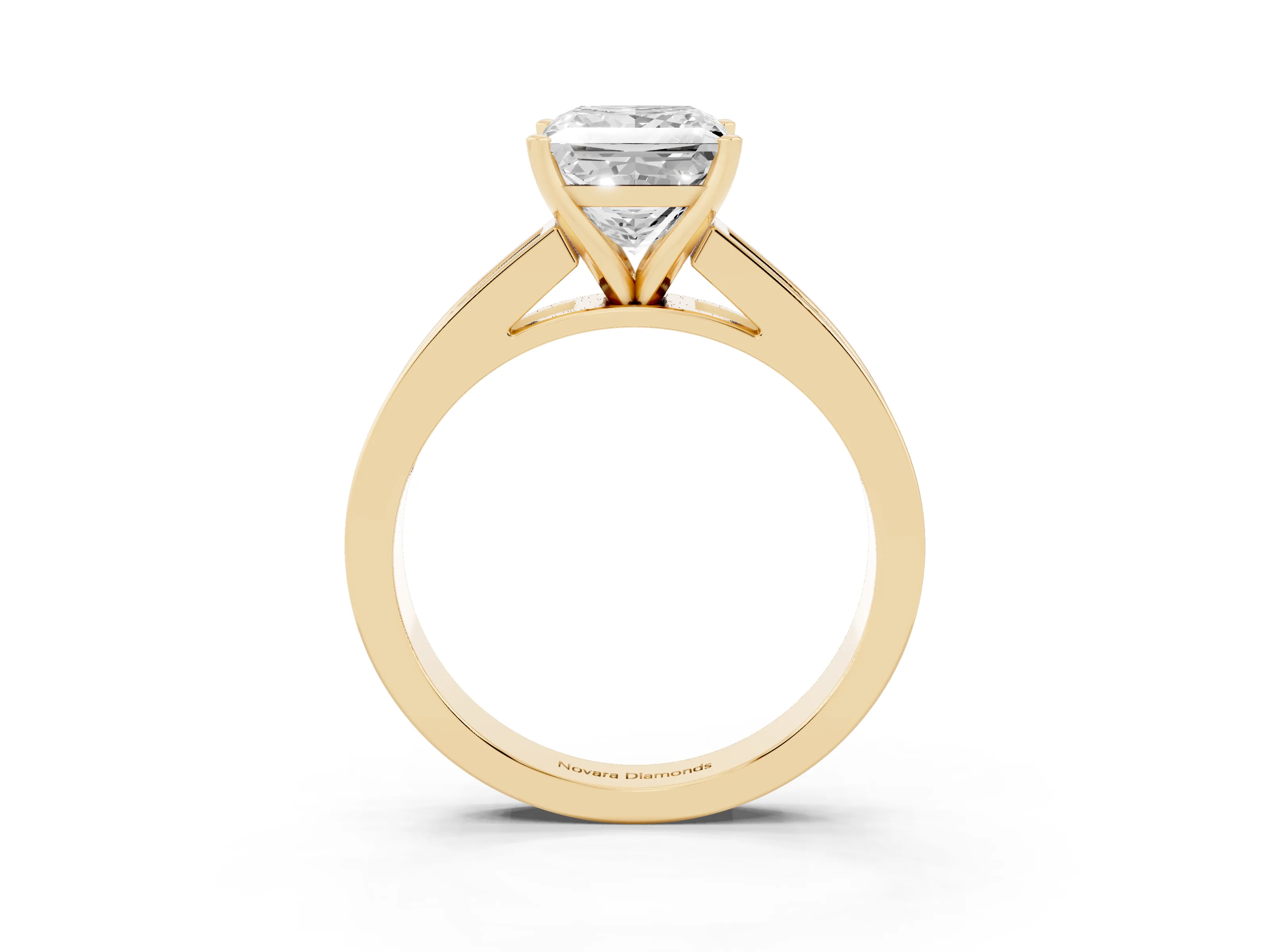 Princess Cut Diamond Solitaire Ring Set in Yellow gold with Channel-Set Band and Prong Setting