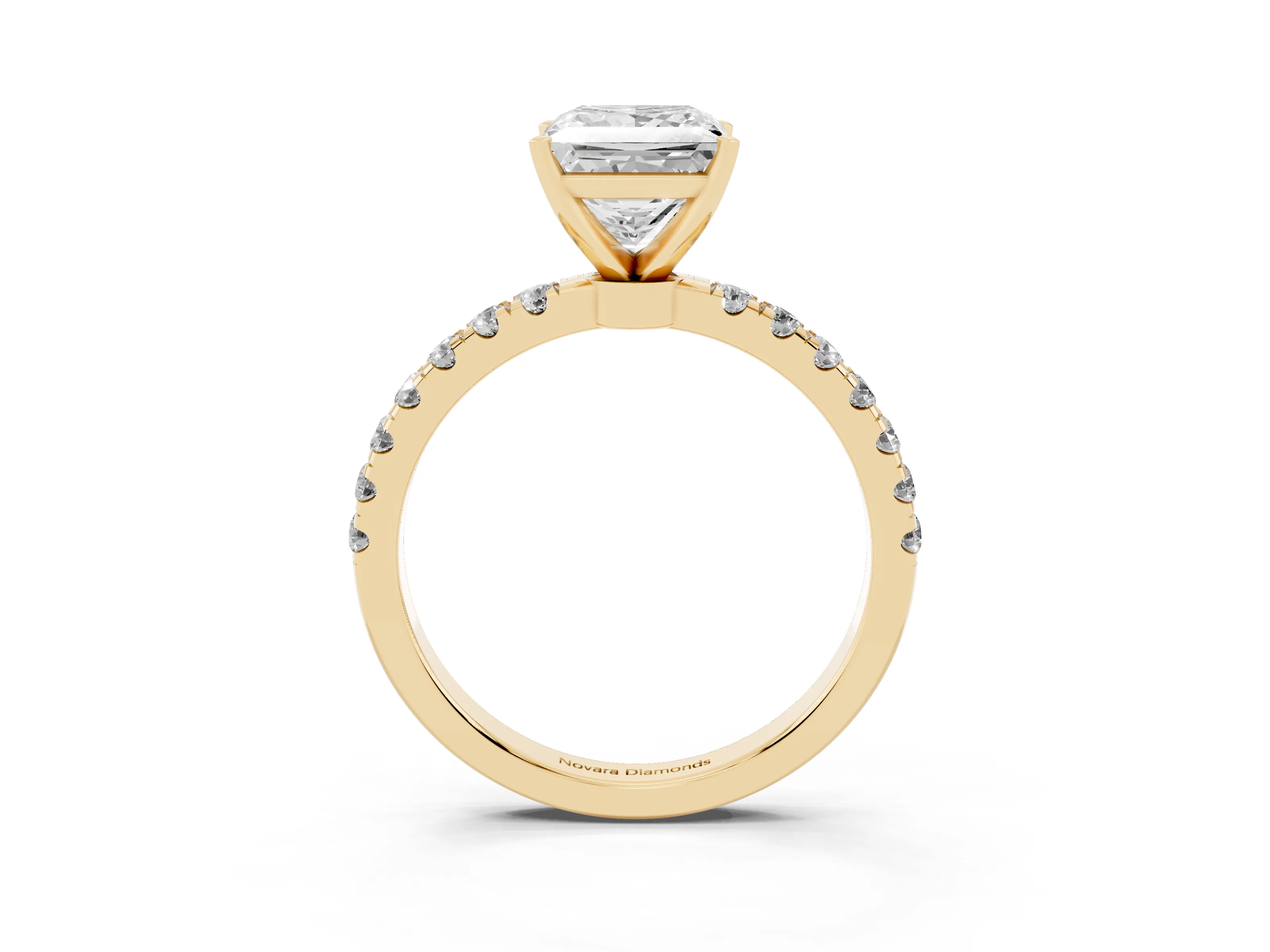 Princess Cut Diamond Solitaire Ring Set in Yellow gold with Pavé Accents and Prong Setting