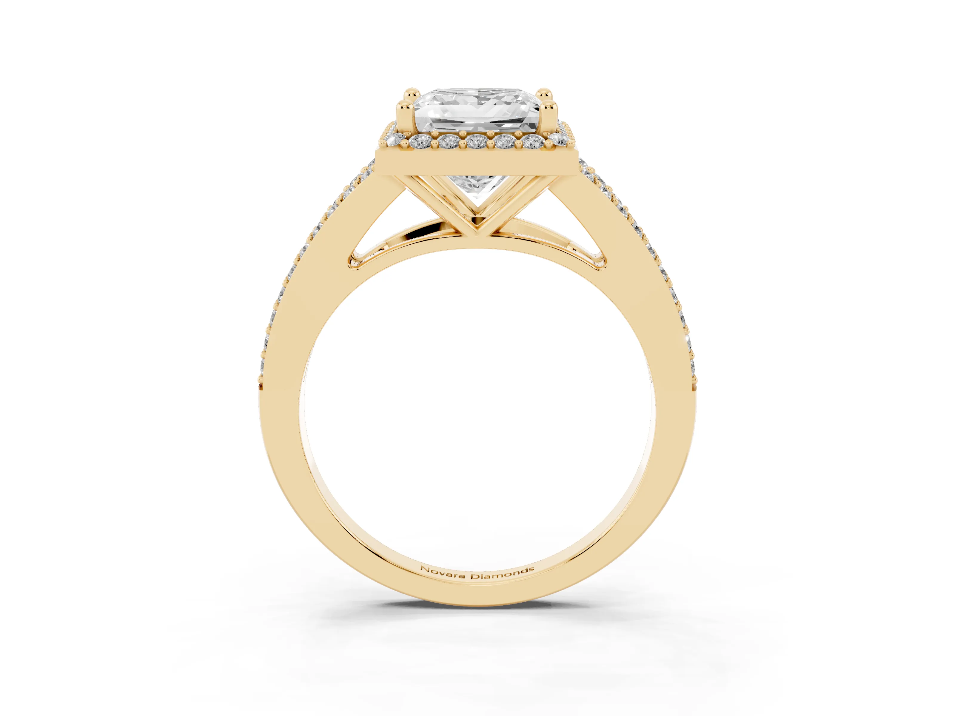 Princess Cut Diamond Halo Split Shank Pavé Ring Set in Yellow gold with Prong Setting