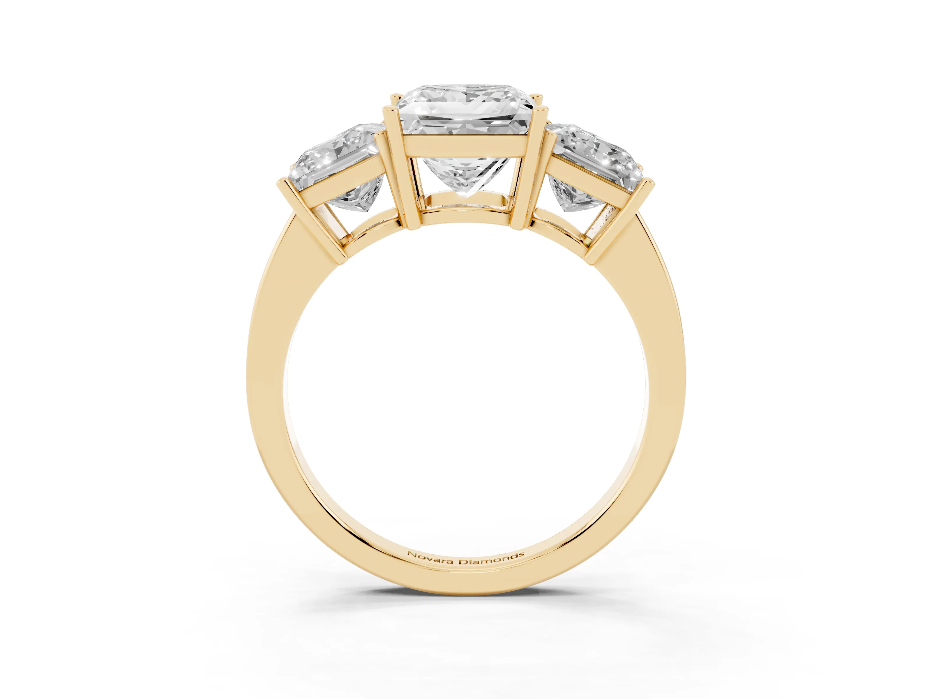 Princess Cut Diamond Three-Stone Engagement Ring Set in Yellow gold with Flat Band