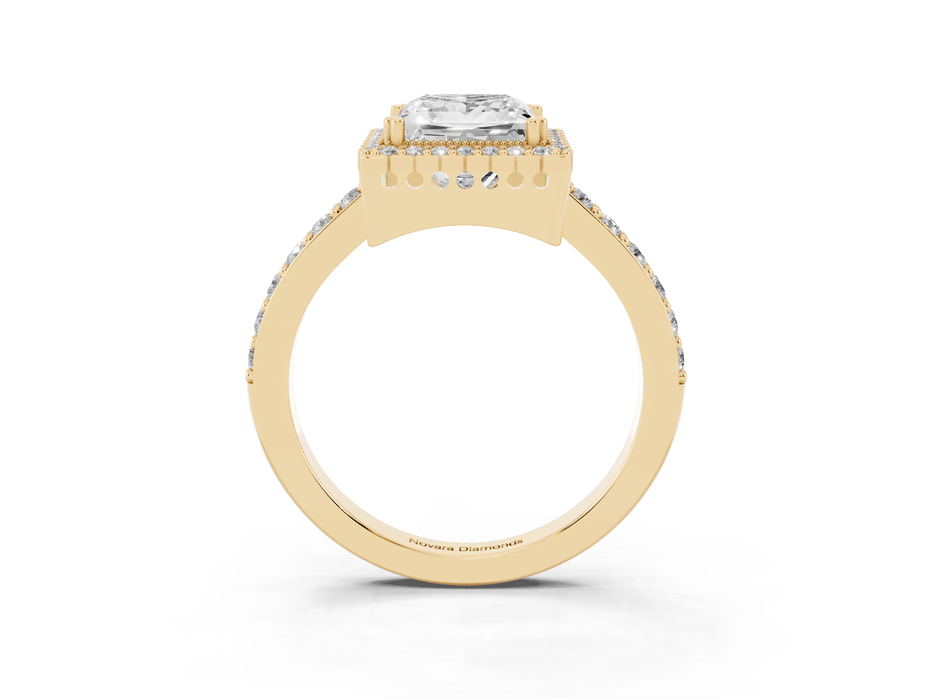 Princess Cut Diamond Halo Engagement Ring Set in Yellow gold with Milgrain Detail and Pavé Band