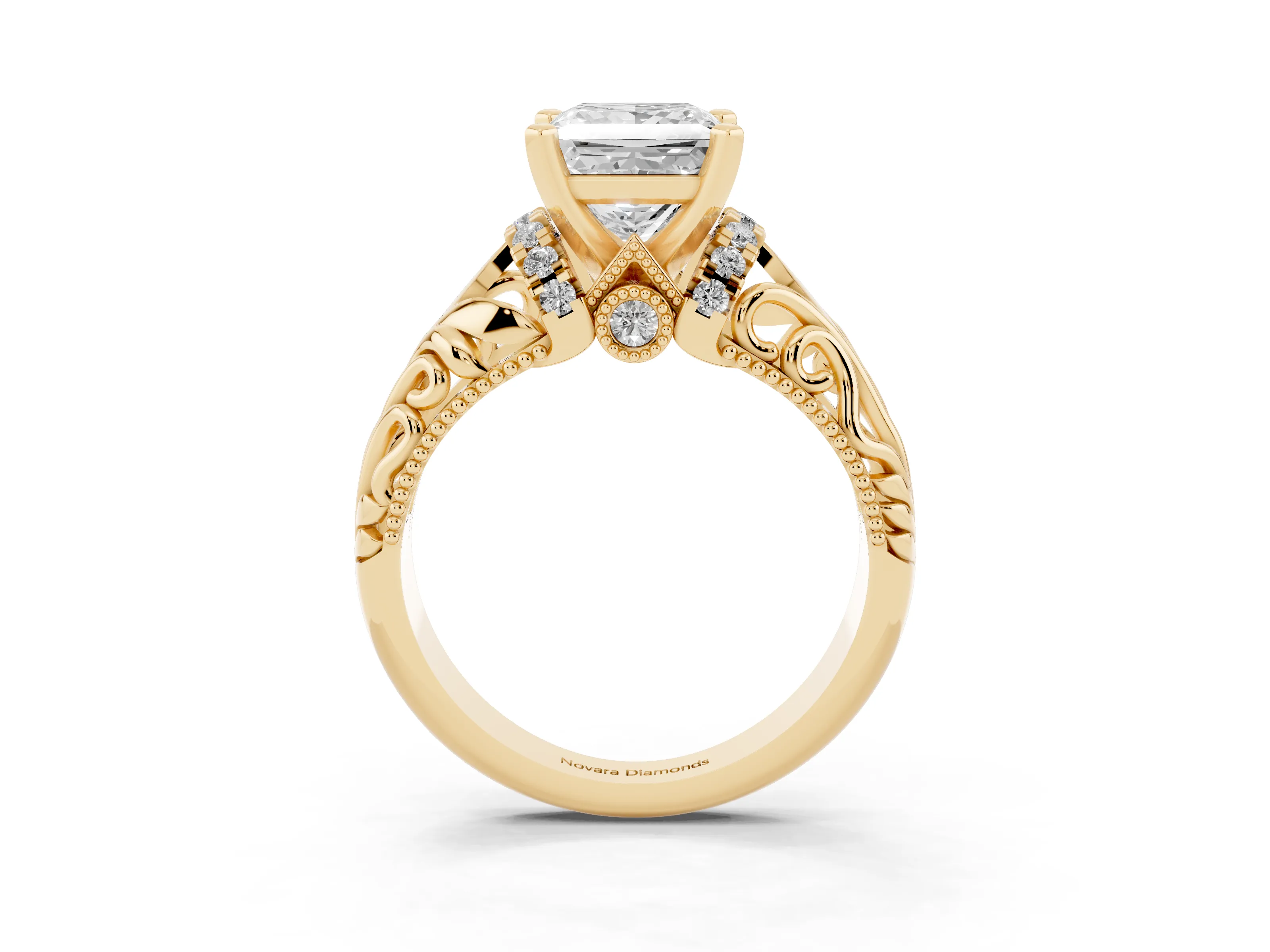 Princess Cut Diamond Filigree Halo Engagement Ring Set in Yellow gold with Prong Setting