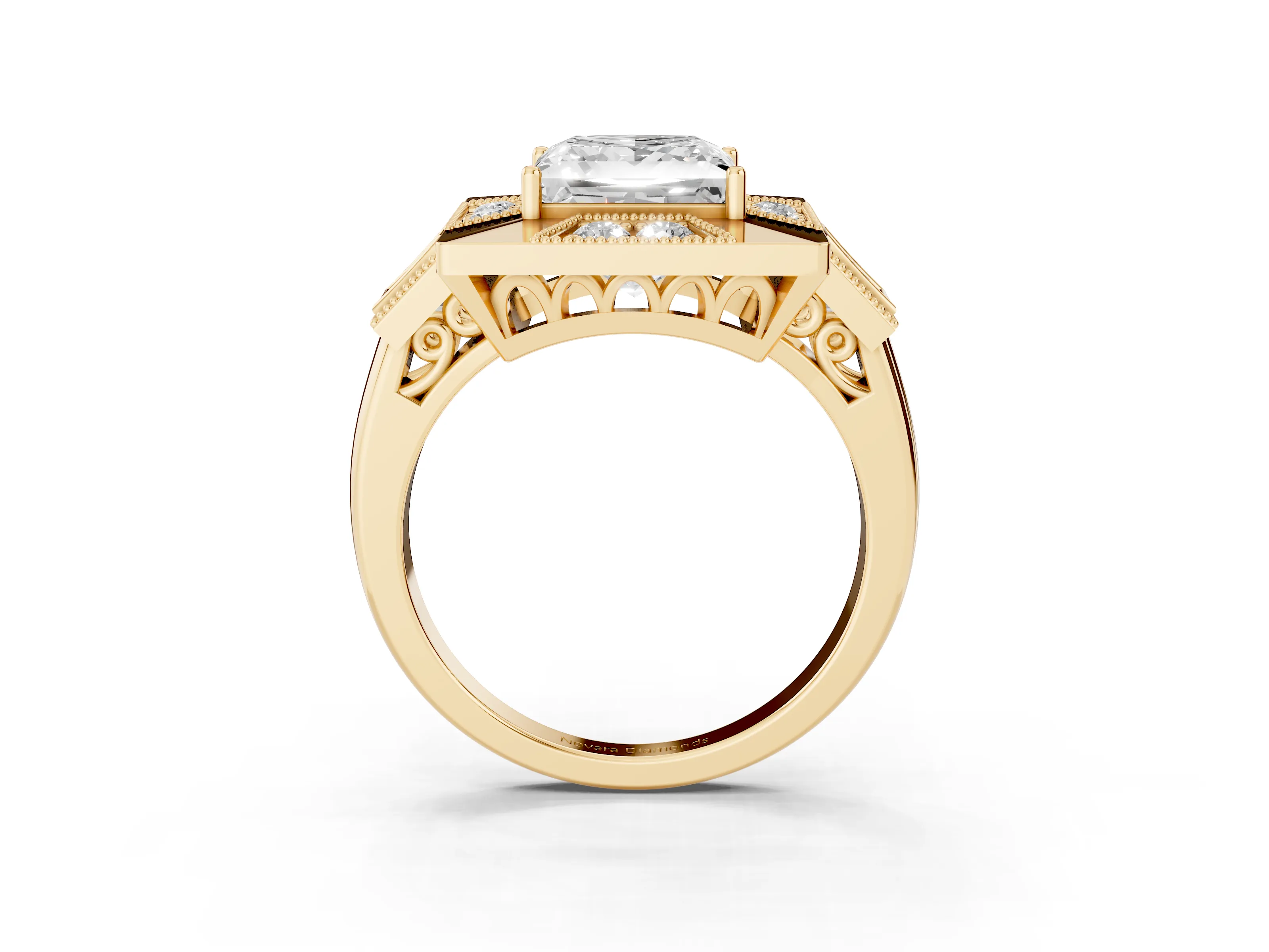 Princess Cut Diamond Milgrain Halo Ring Set in Yellow gold with Split Shank