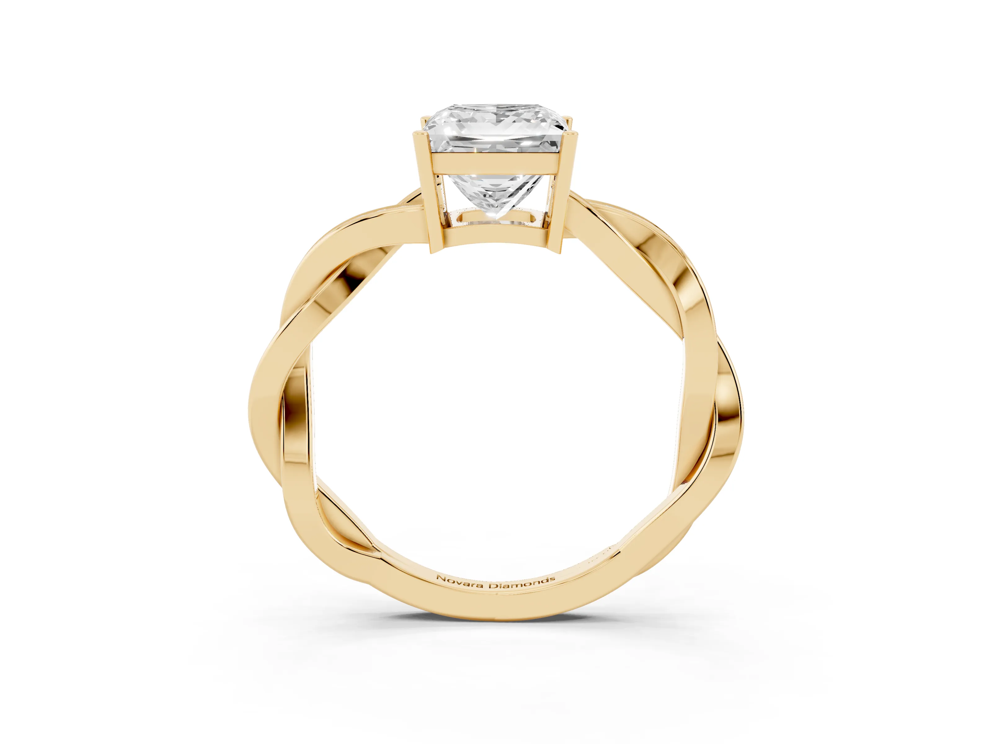 Princess Cut Diamond Solitaire Twisted Pavé Ring Set in Yellow gold with Prong Setting