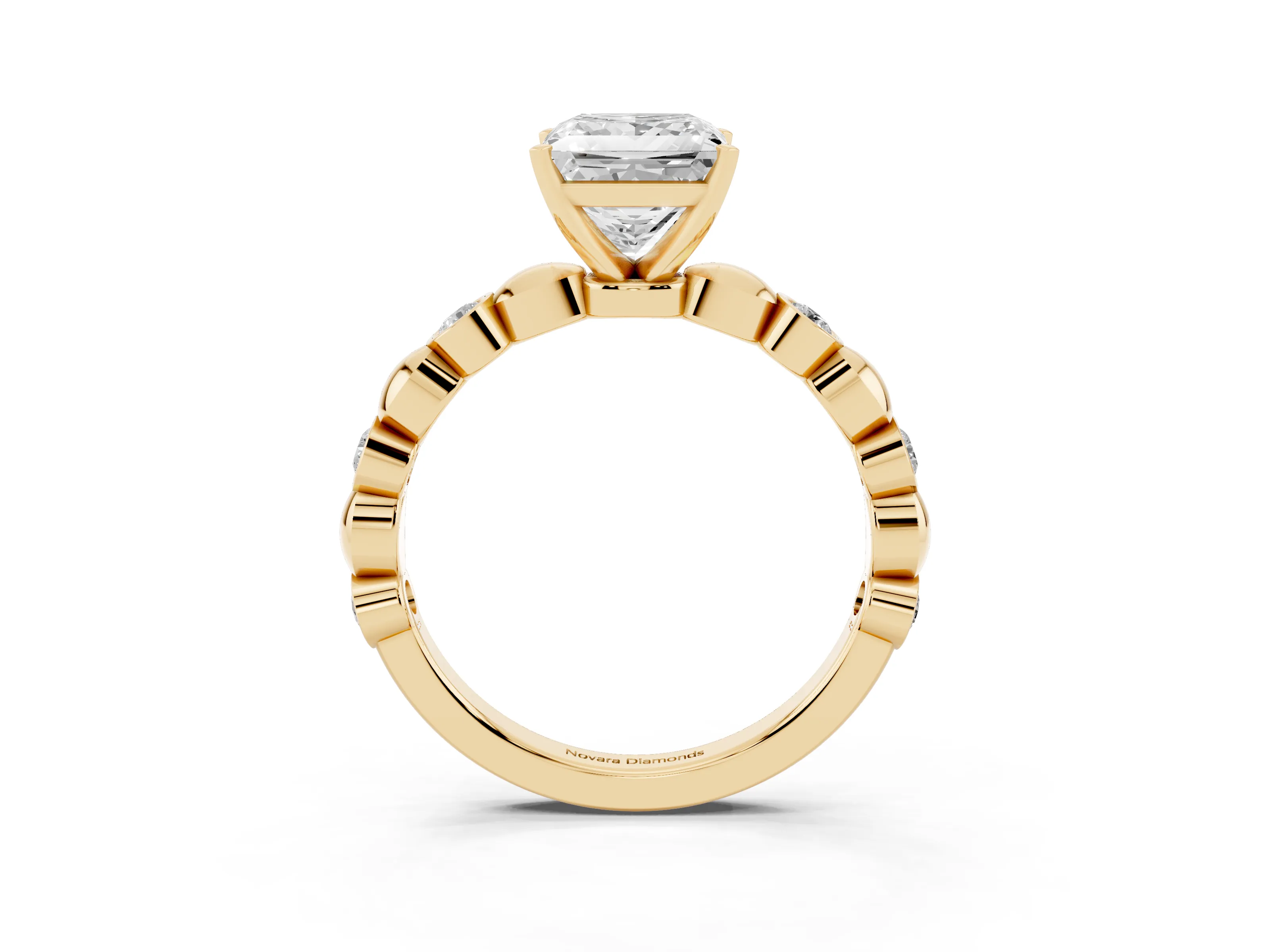 Princess Cut Diamond Solitaire Ring Set in Yellow gold with Bezel-Set Accents on Beaded Band and Prong Setting