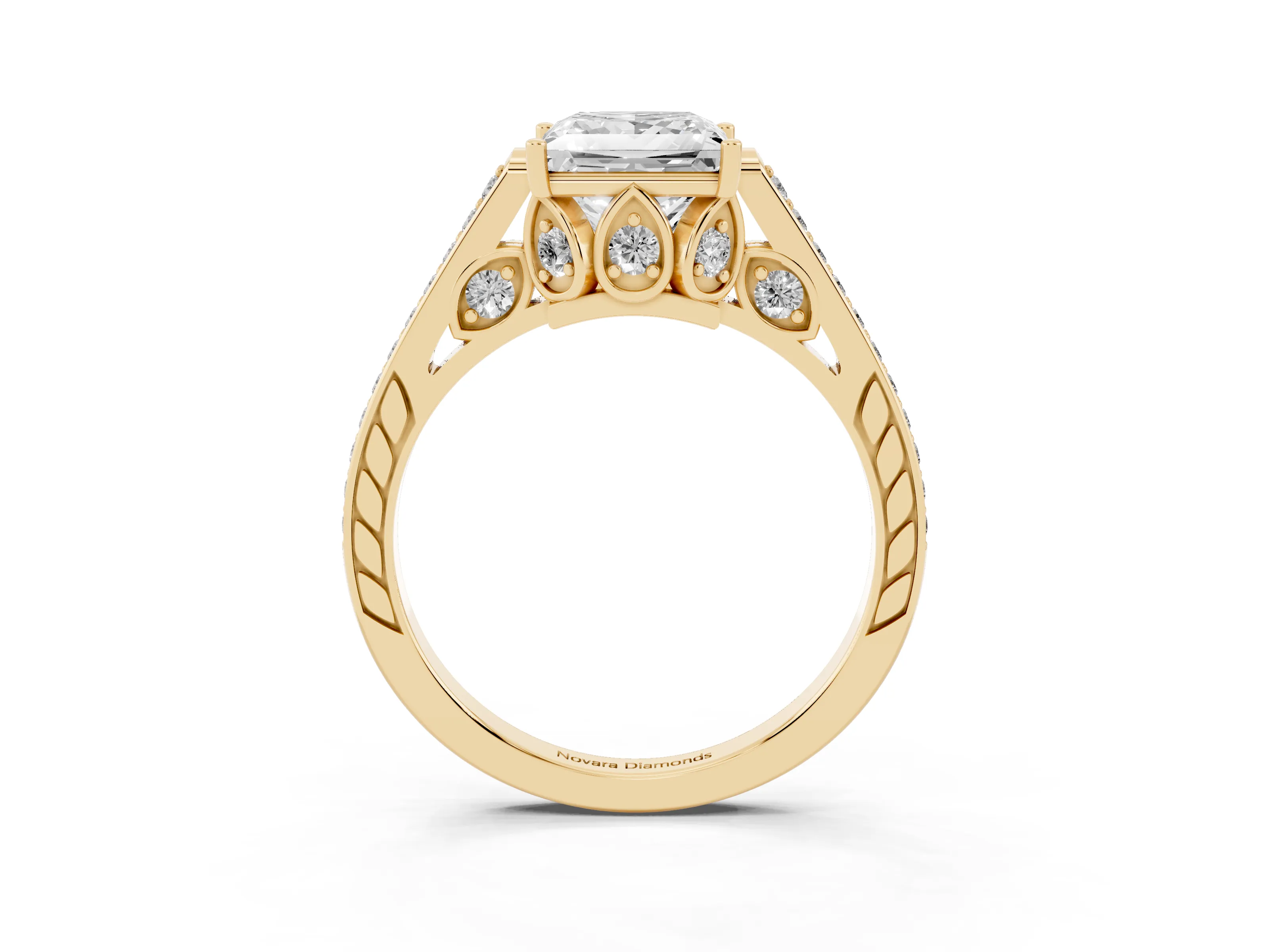 Princess Cut Diamond Cathedral Pavé Engagement Ring Set in Yellow gold with Prong Setting