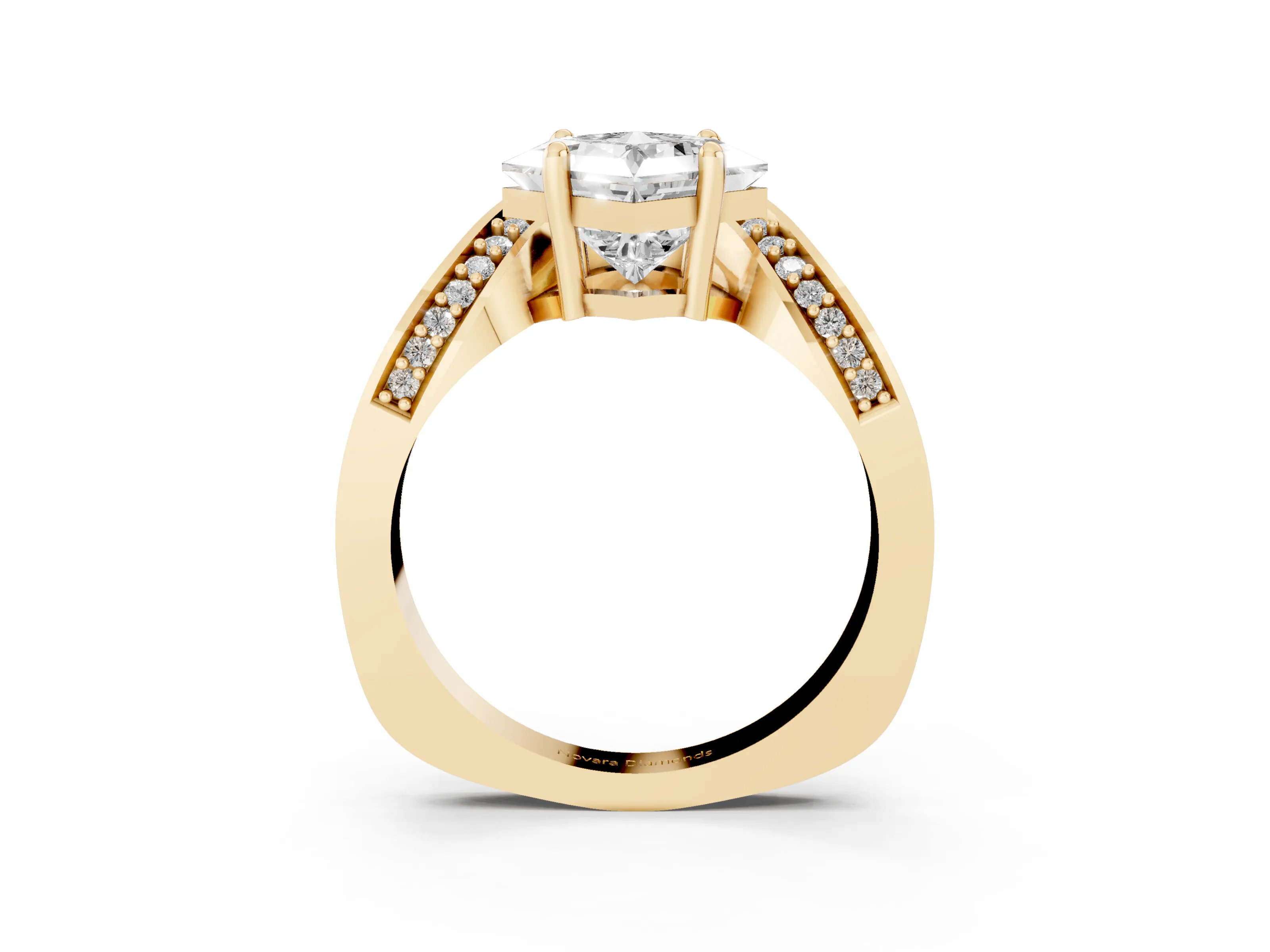 Princess Cut Diamond Solitaire Engagement Ring Set in Yellow gold with Pavé Shoulders