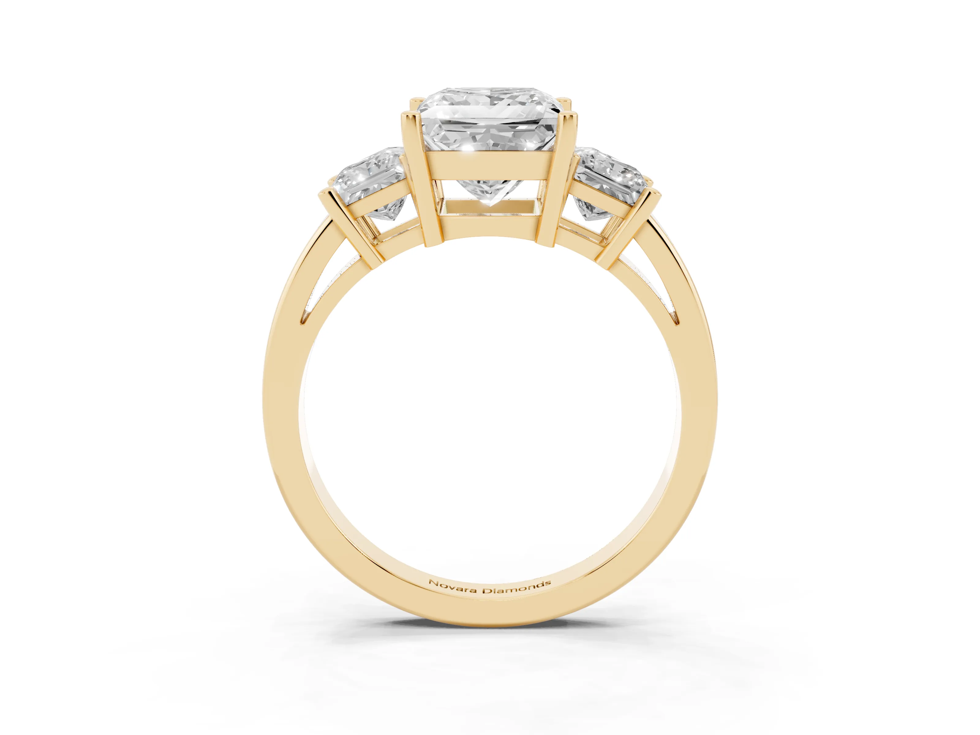 Three-Stone Princess Cut Diamond Solitaire Ring Set in Yellow gold with Prong Setting