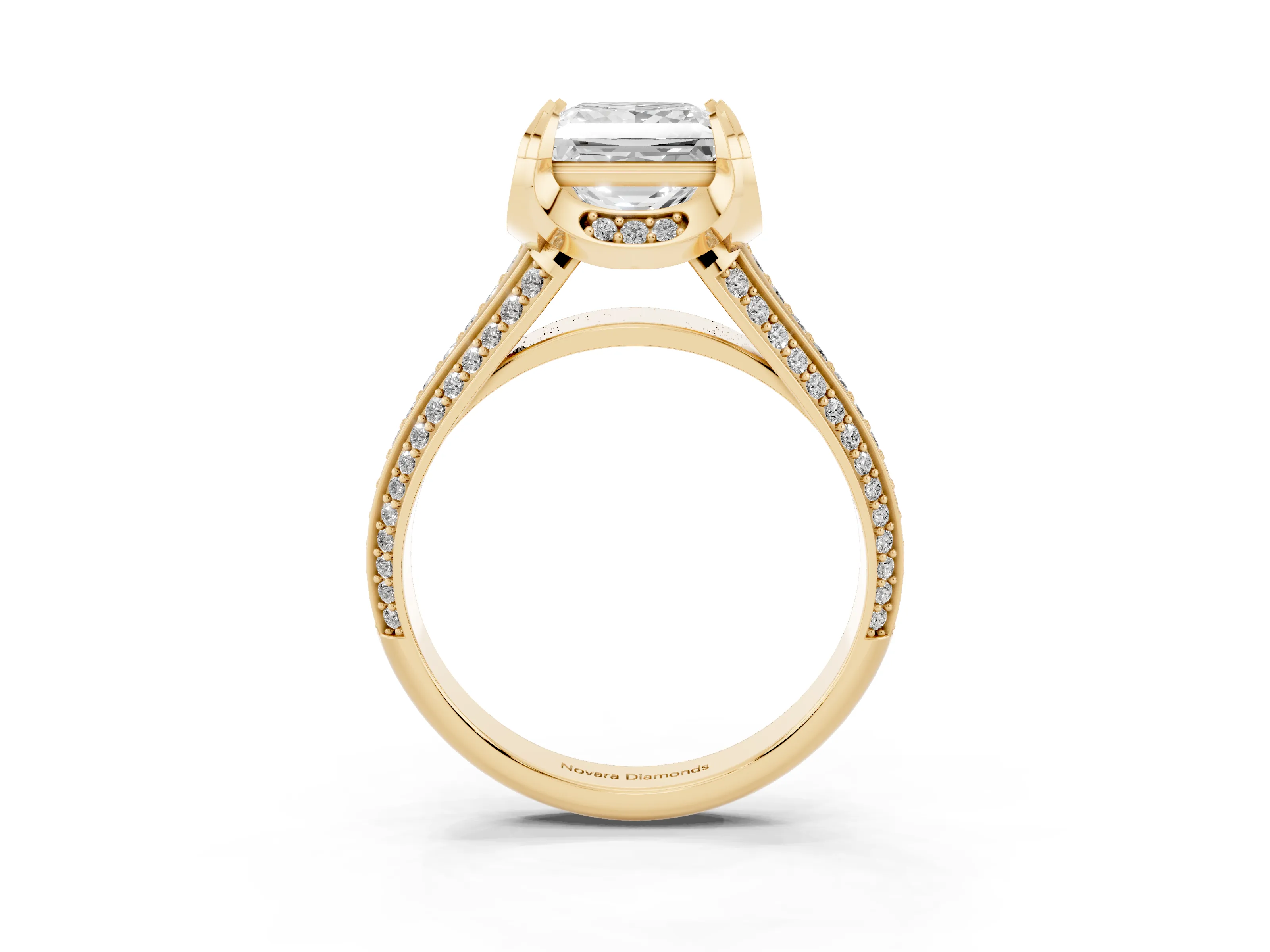 Princess Cut Diamond Pavé Split Shank Solitaire Ring Set in Yellow gold with Prong Setting