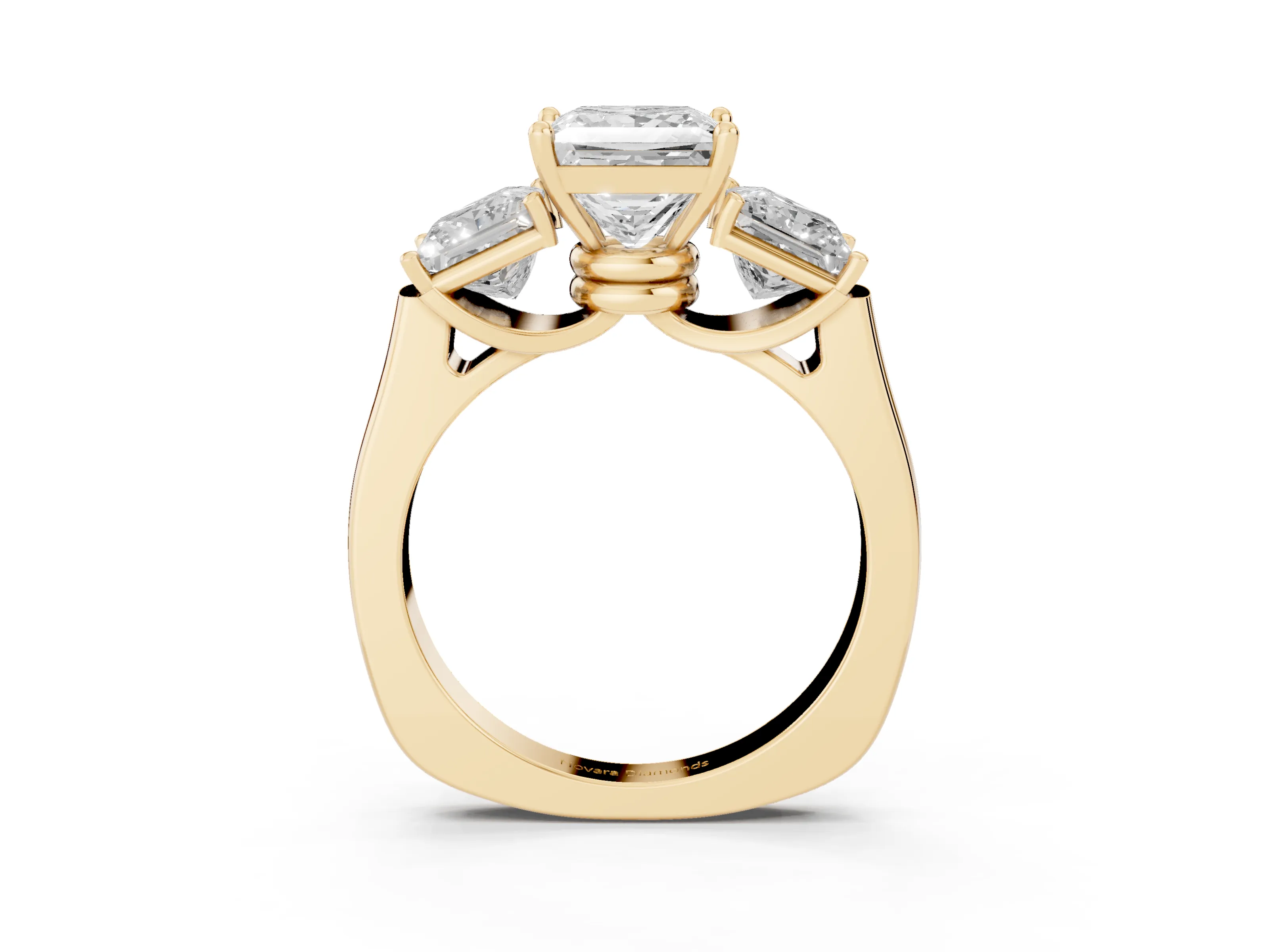 Princess Cut Diamond Three-Stone Trellis Ring Set in Yellow gold with Comfort Fit Band