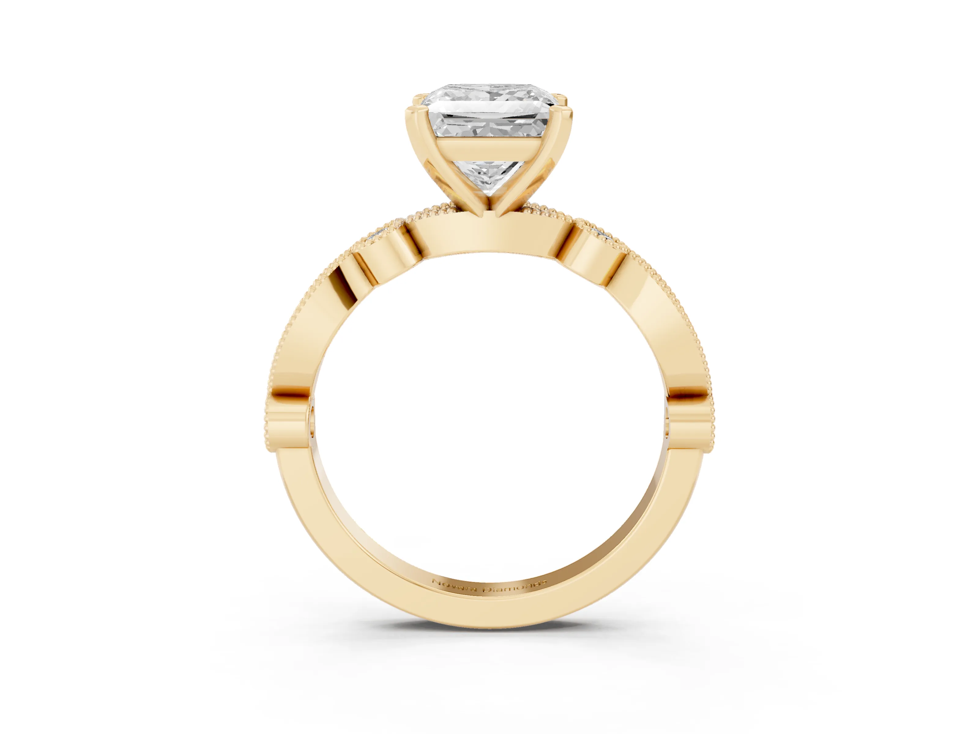 Princess Cut Diamond Solitaire Engagement Ring Set in Yellow gold with Milgrain Bezel Accent Band