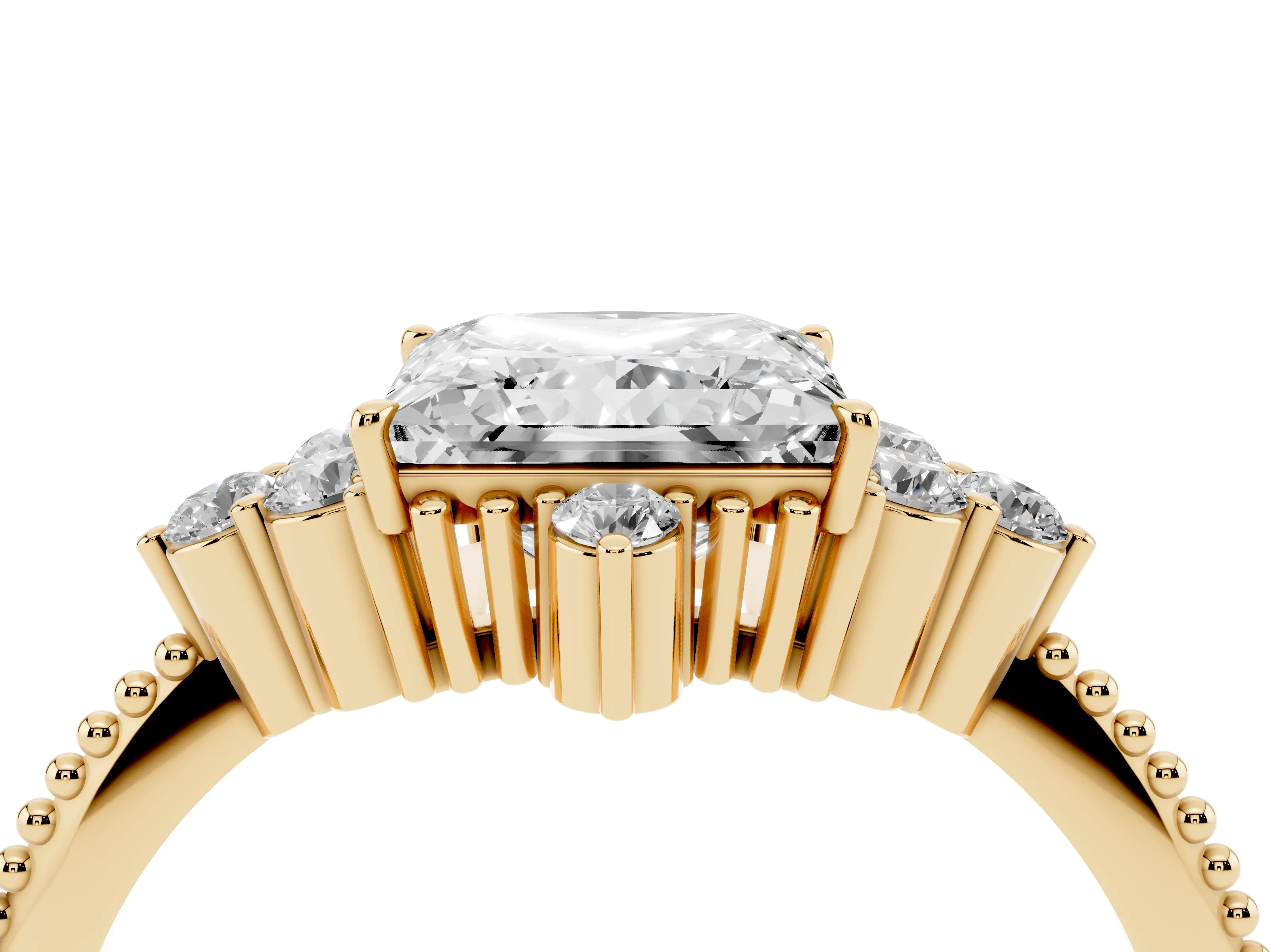 Princess Cut Diamond Cluster Ring Set in Yellow gold with Beaded Band