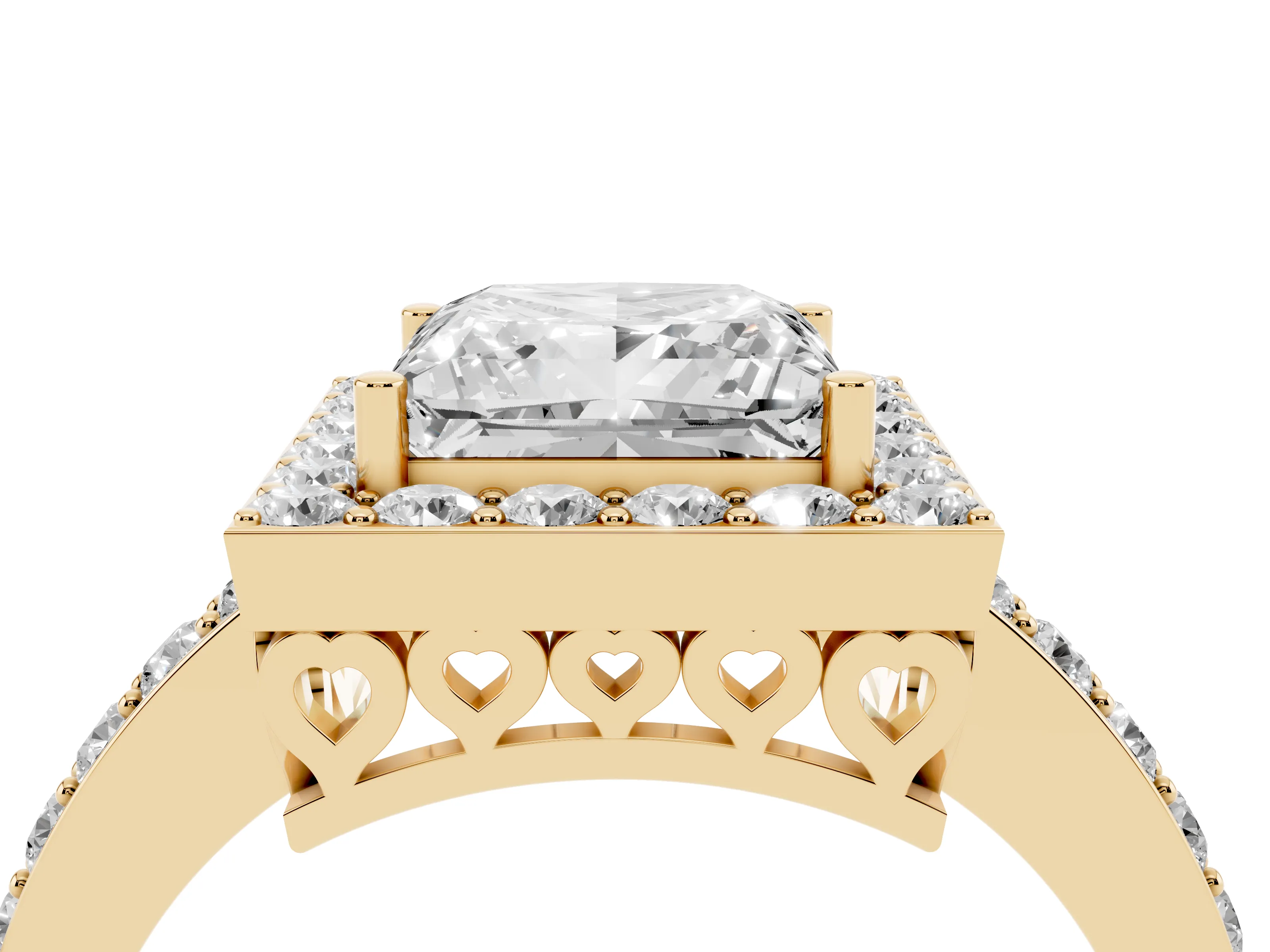 Princess Cut Diamond Halo Ring Set in Yellow gold with Pavé-Setting Band and Open Prong Center