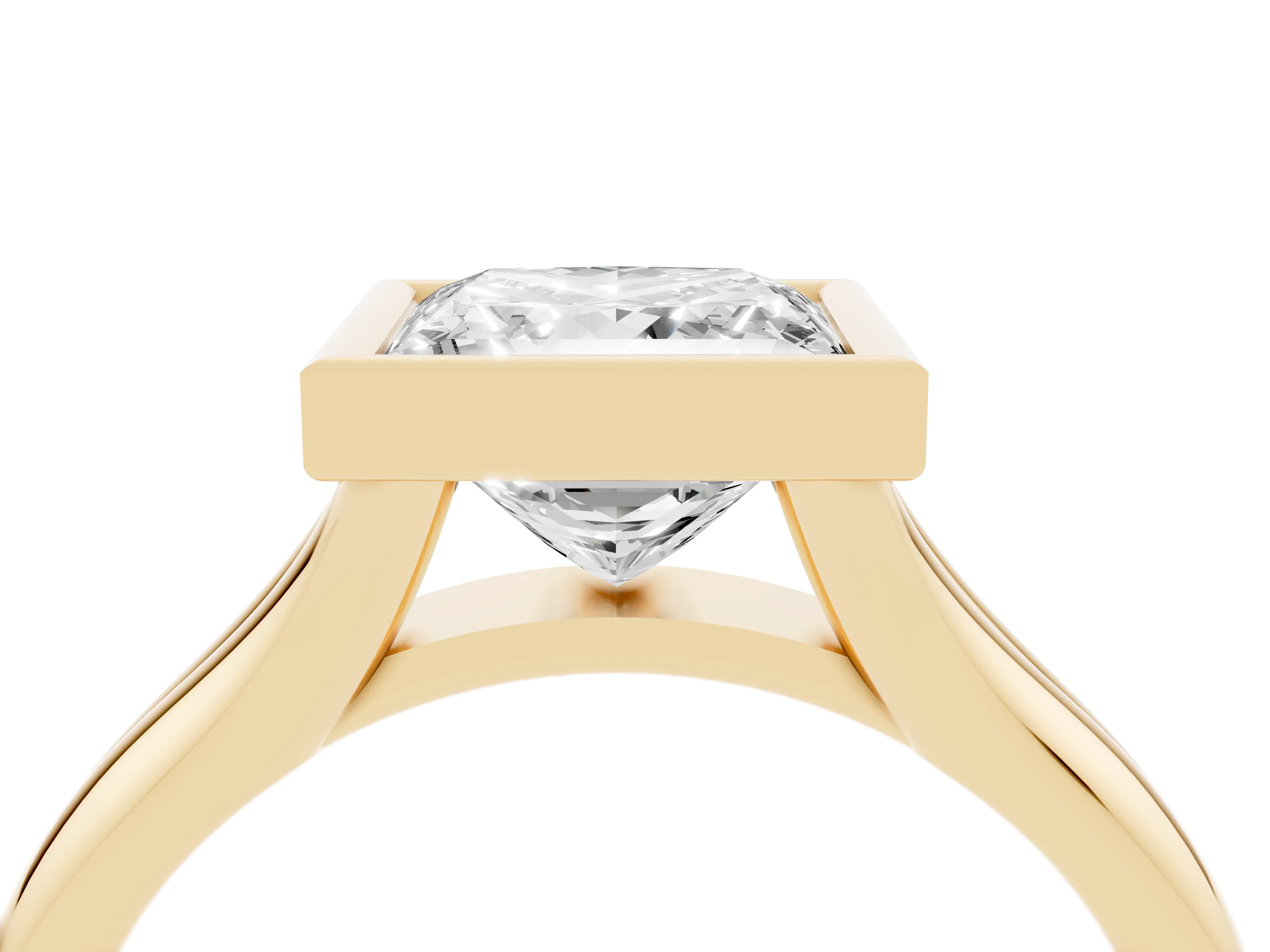 Bezel Set Princess Cut Diamond Solitaire Ring Set in Yellow gold with Smooth Band