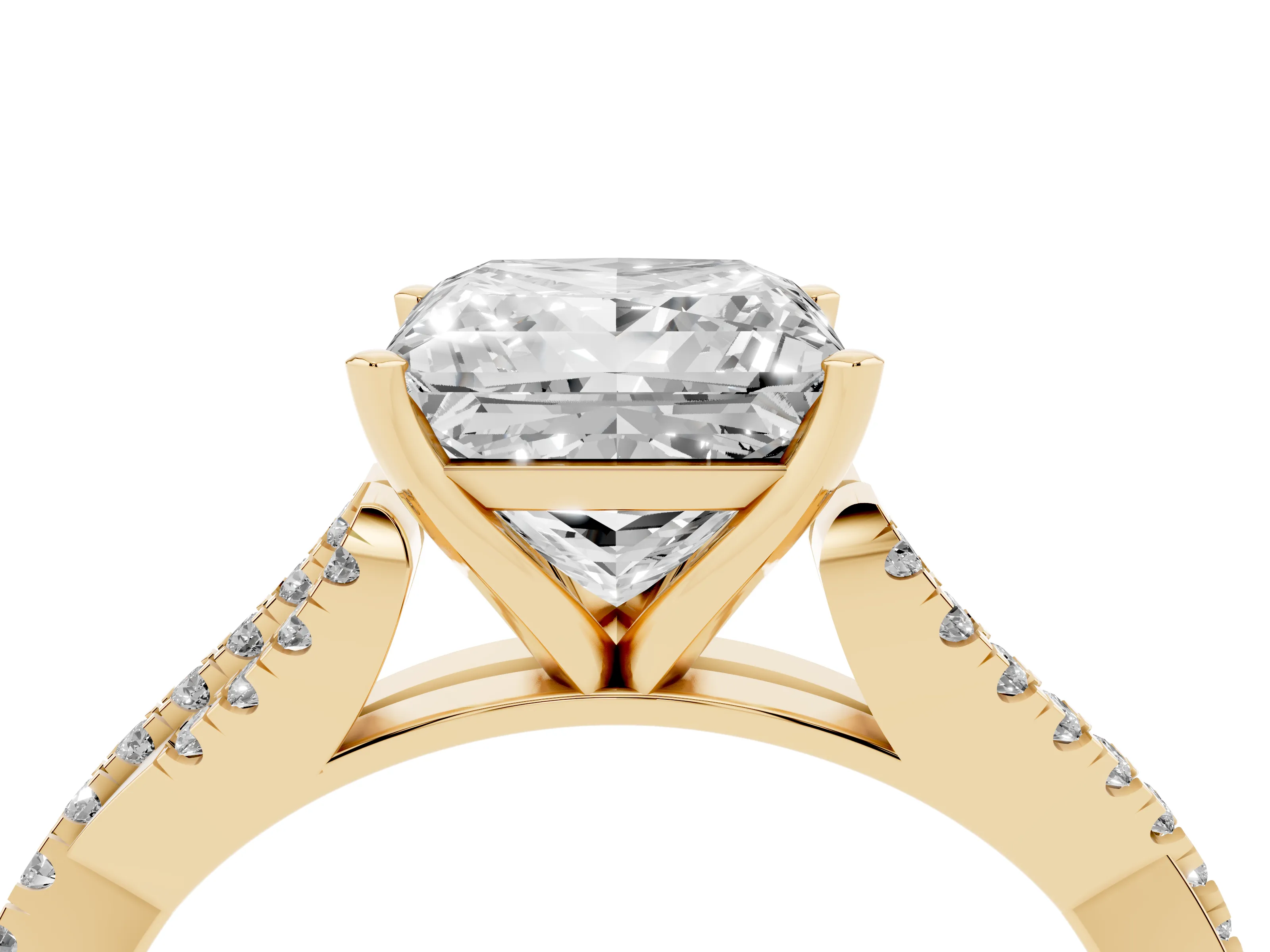 Princess Cut Diamond Solitaire Engagement Ring Set in Yellow gold with Twisted Pavé Band and Prong Setting