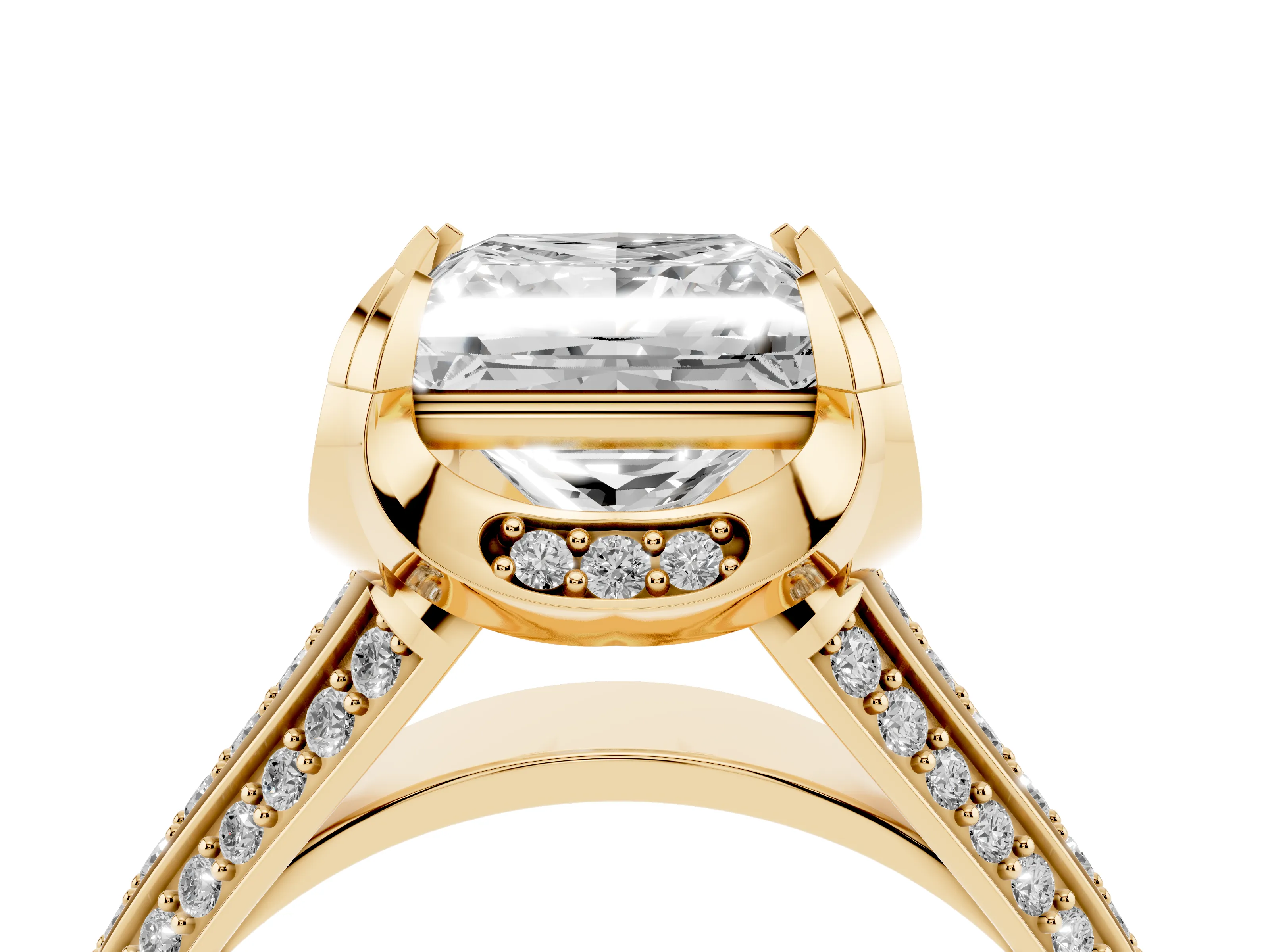 Princess Cut Diamond Pavé Split Shank Solitaire Ring Set in Yellow gold with Prong Setting