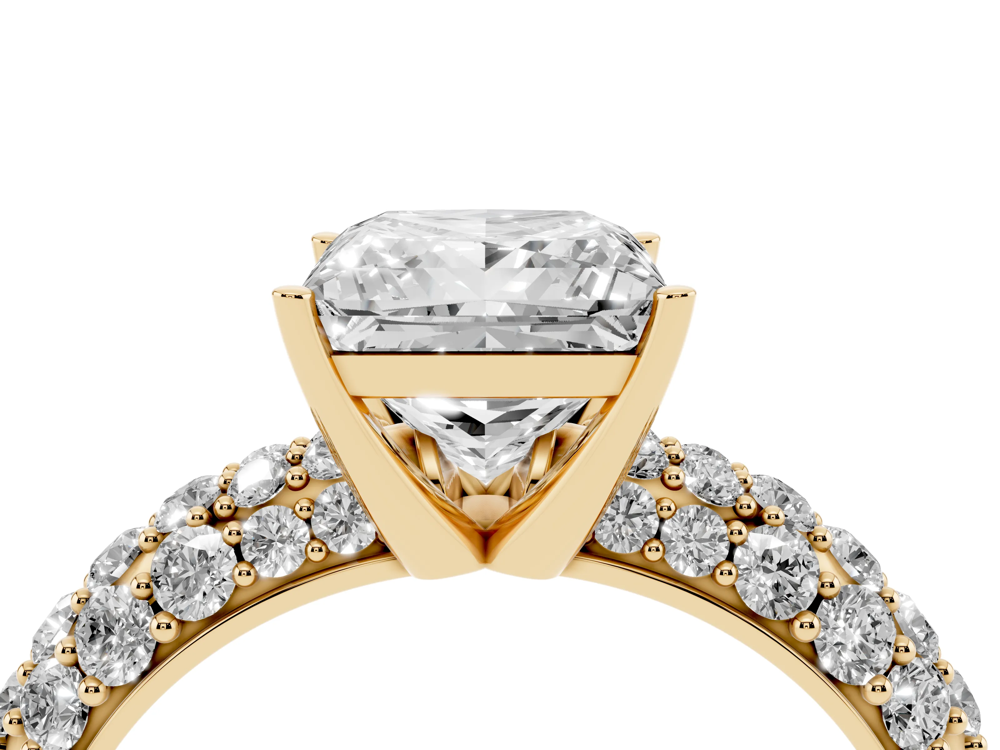 Princess Cut Diamond Pavé Band Solitaire Ring Set in Yellow gold with Close-Set Accent Stones and Prong Setting