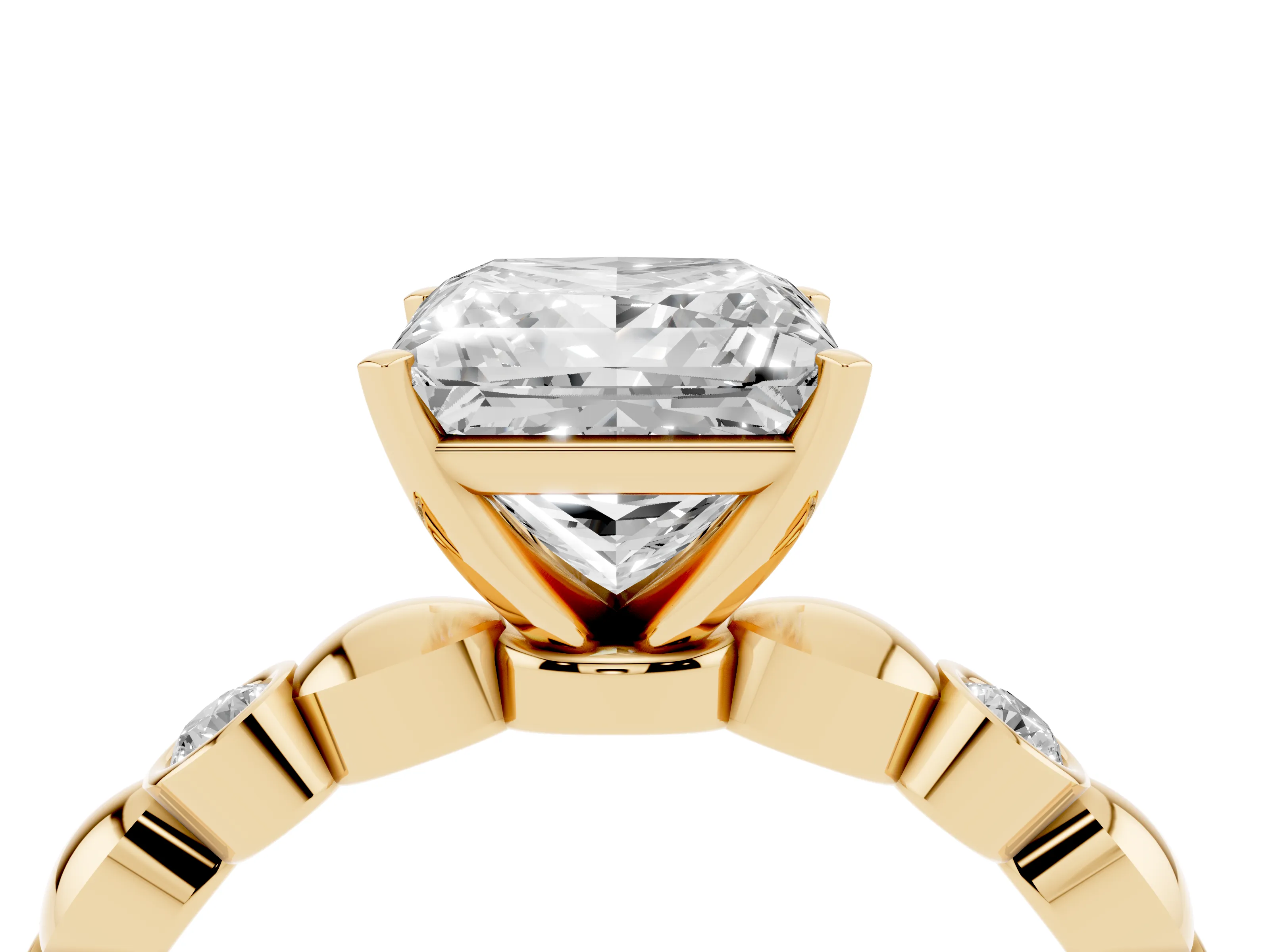 Princess Cut Diamond Solitaire Ring Set in Yellow gold with Bezel-Set Accents on Beaded Band and Prong Setting