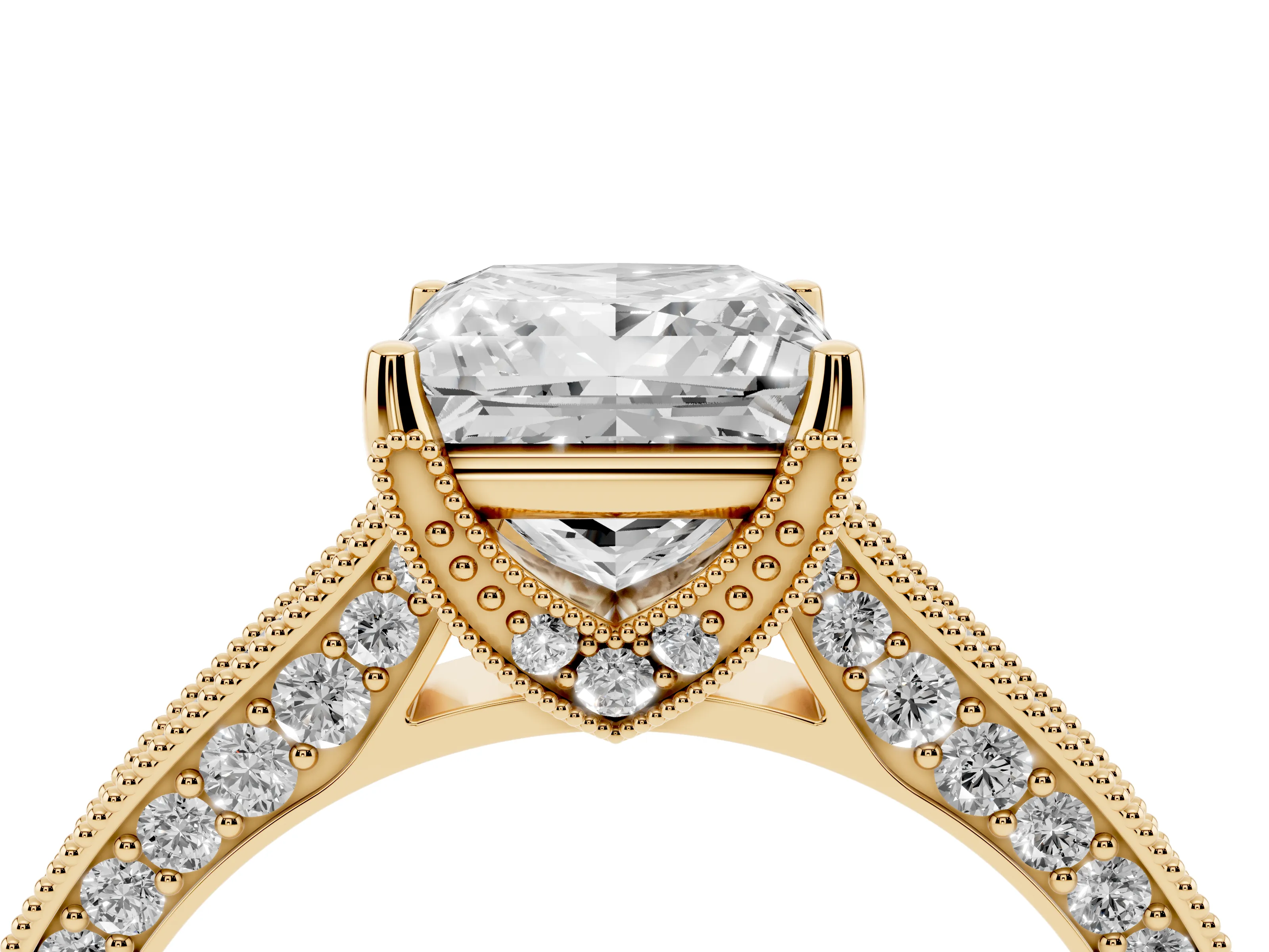 Princess Cut Diamond Solitaire Ring Set in Yellow gold with Milgrain-Edged Pavé Band and Prong Setting