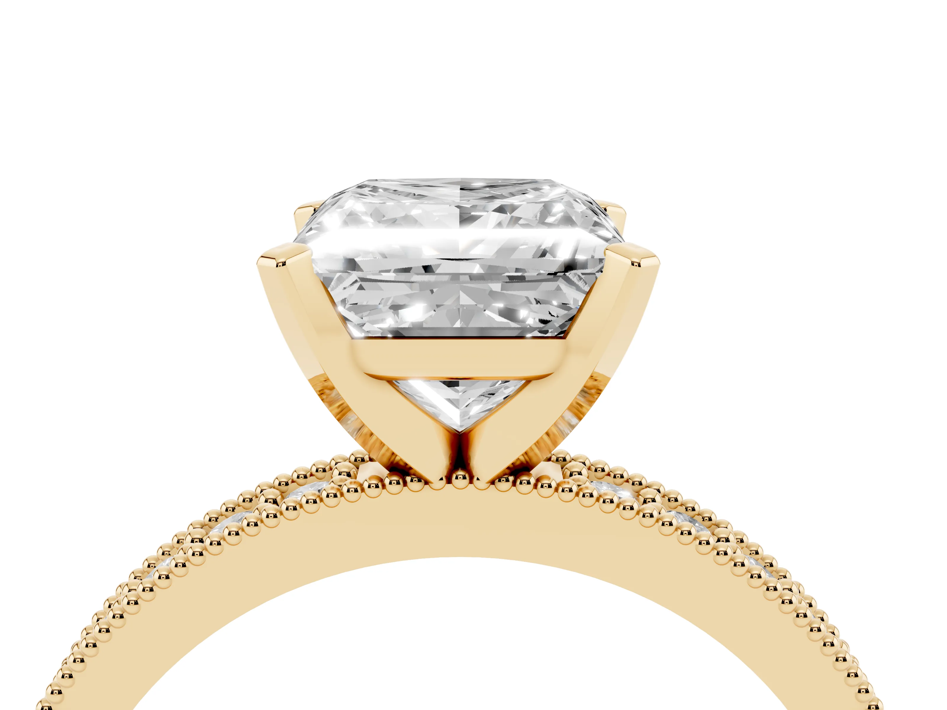 Princess Cut Diamond Milgrain Pavé Engagement Ring Set in Yellow gold with Prong Setting