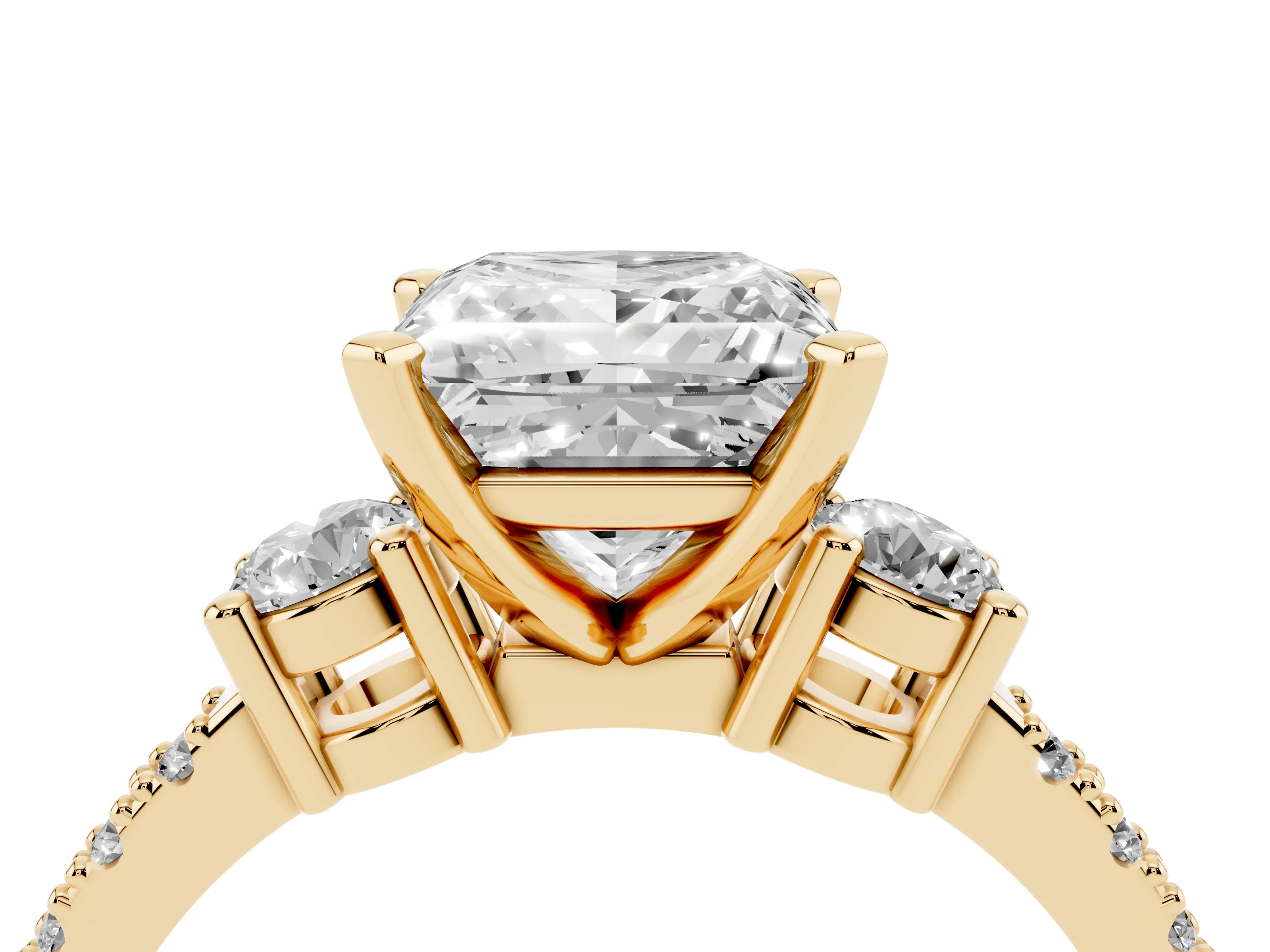 Three-Stone Princess Cut Diamond Pavé Band Ring Set in Yellow gold with Prong Setting