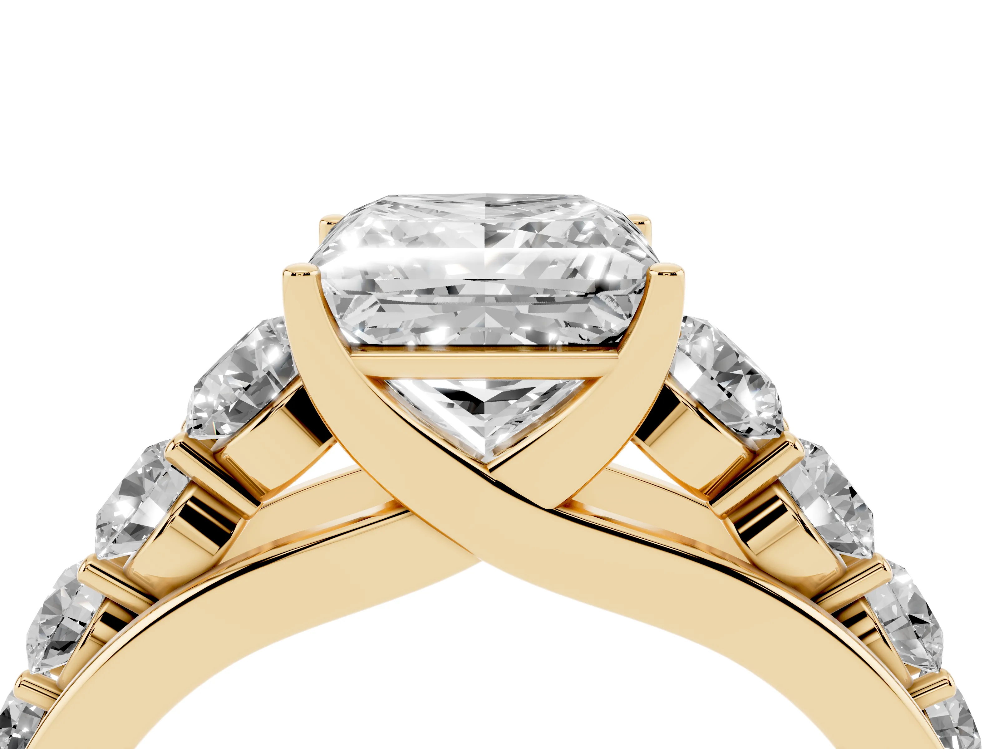 Princess Cut Diamond Solitaire Ring Set in Yellow gold with Pavé-Set Band and Prong Setting