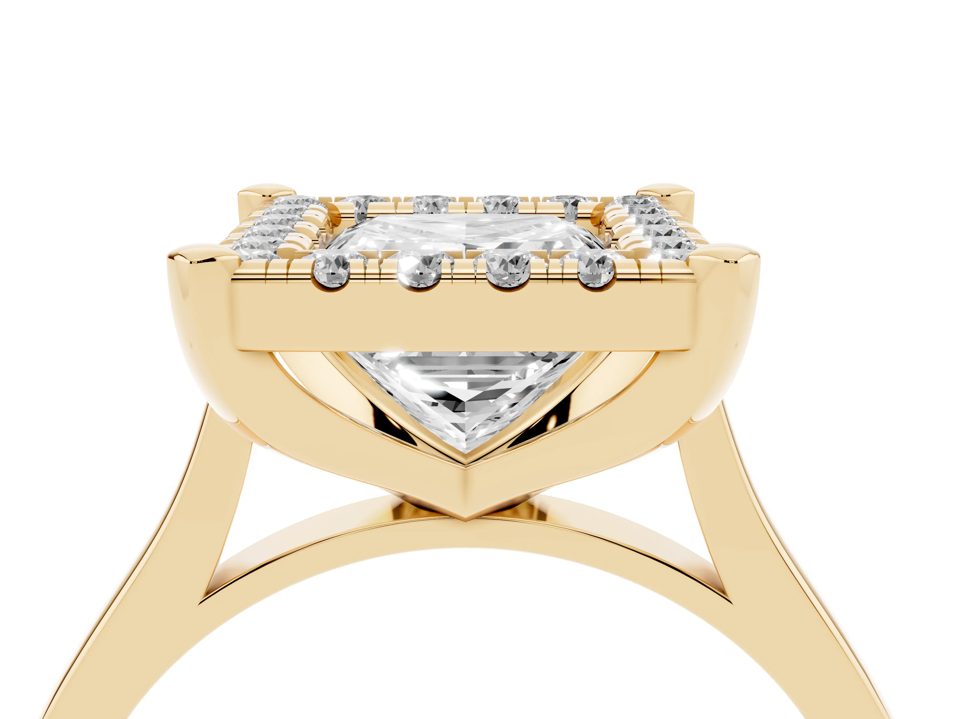 Princess Cut Diamond Cluster Halo Solitaire Ring Set in Yellow gold with Prong Setting