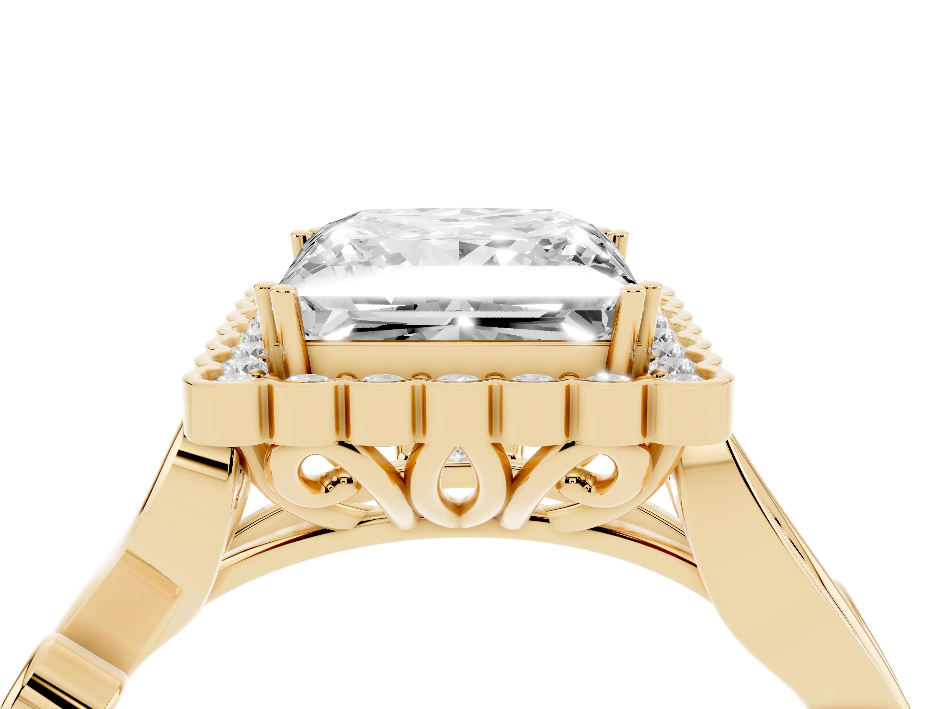 Princess Cut Diamond Halo Ring Set in Yellow gold with Leaf Motif Split Shank and Prong Setting
