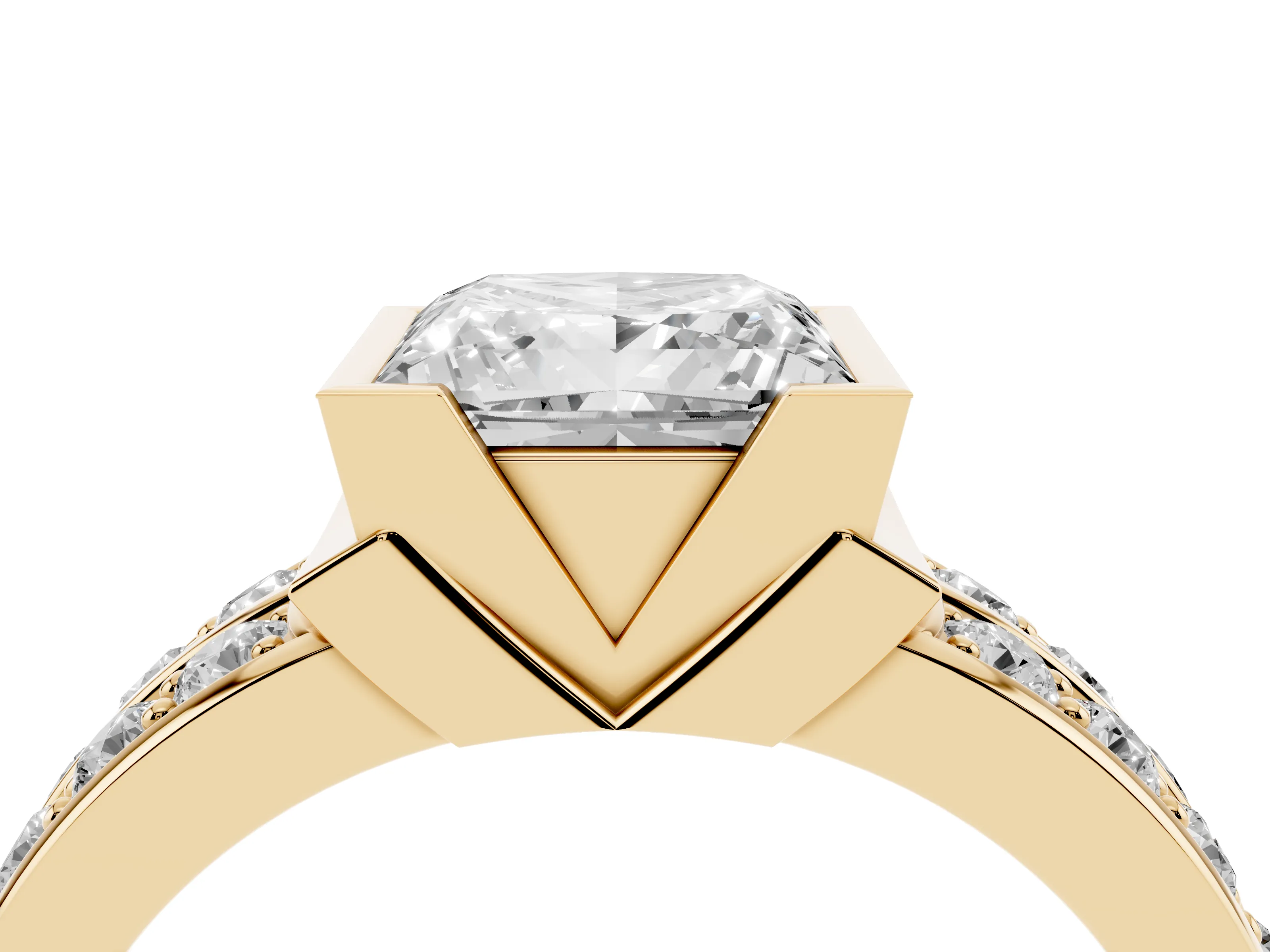 Princess Cut Diamond Wide Channel Set Band Ring Set in Yellow gold with Bezel Setting