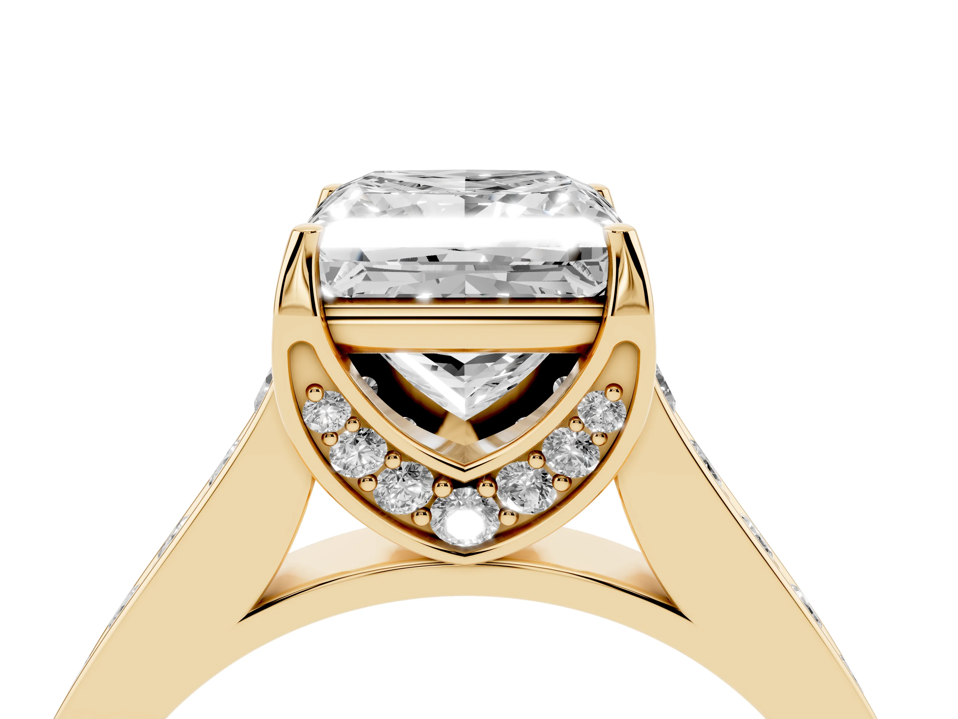 Princess Cut Diamond Solitaire Pavé Engagement Ring Set in Yellow gold with Prong Setting