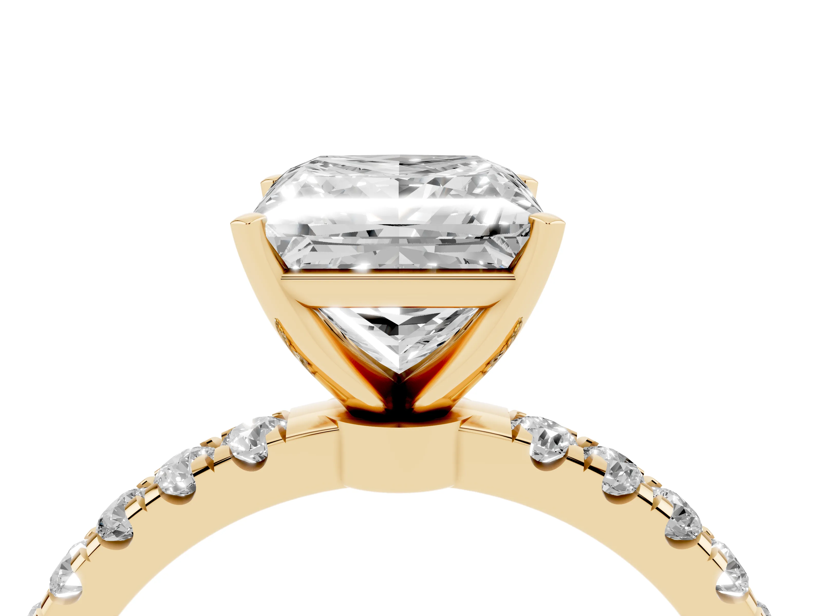 Princess Cut Diamond Solitaire Ring Set in Yellow gold with Pavé Accents and Prong Setting