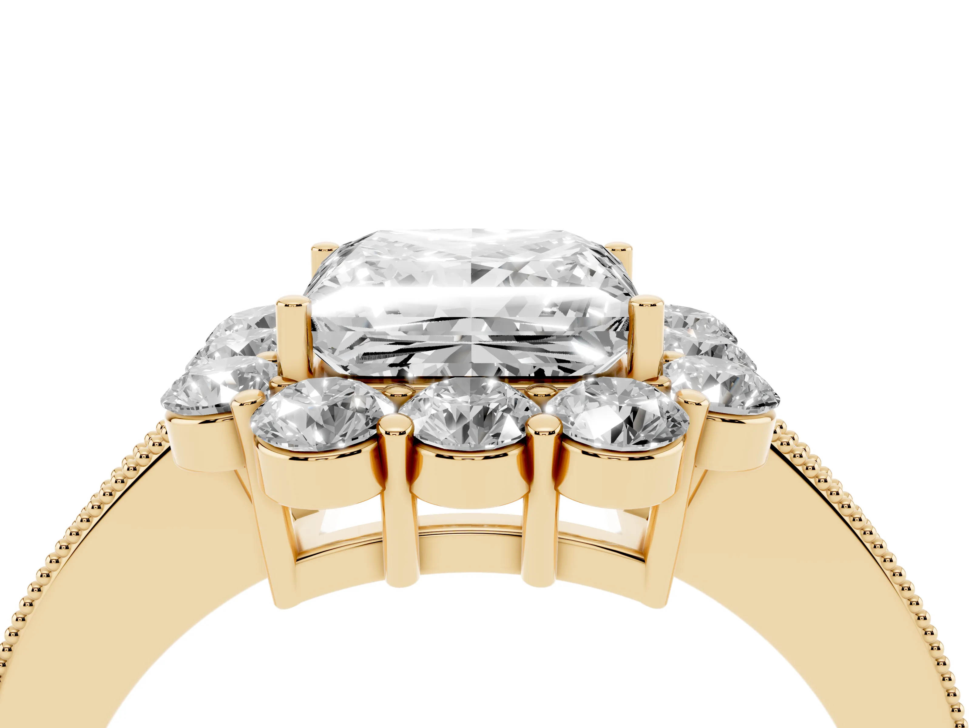 Princess Cut Diamond Halo Pavé Engagement Ring Set in Yellow gold with Milgrain Detailing