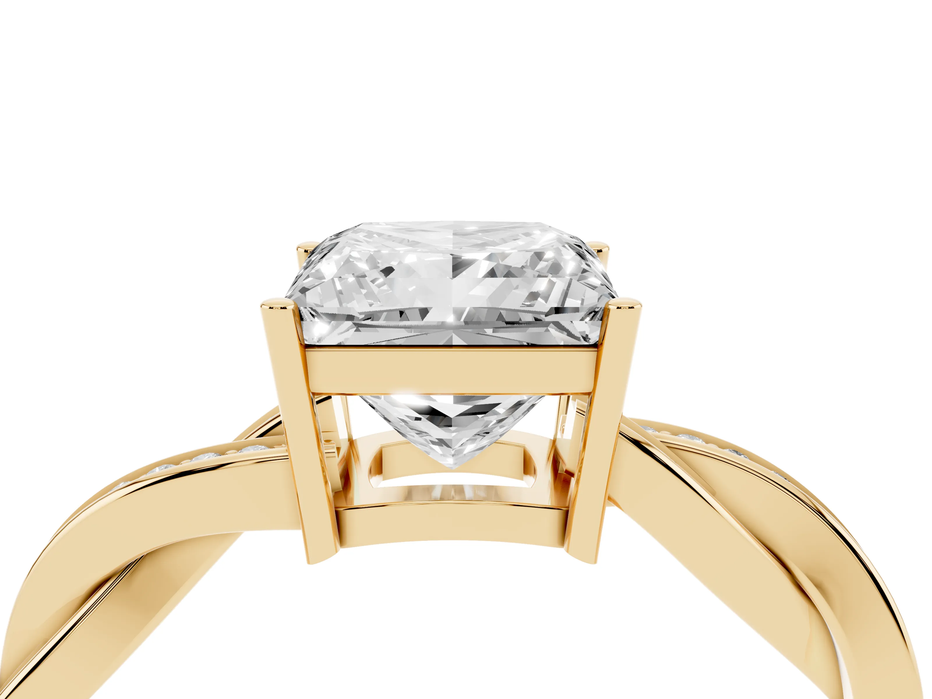 Princess Cut Diamond Solitaire Twisted Pavé Ring Set in Yellow gold with Prong Setting