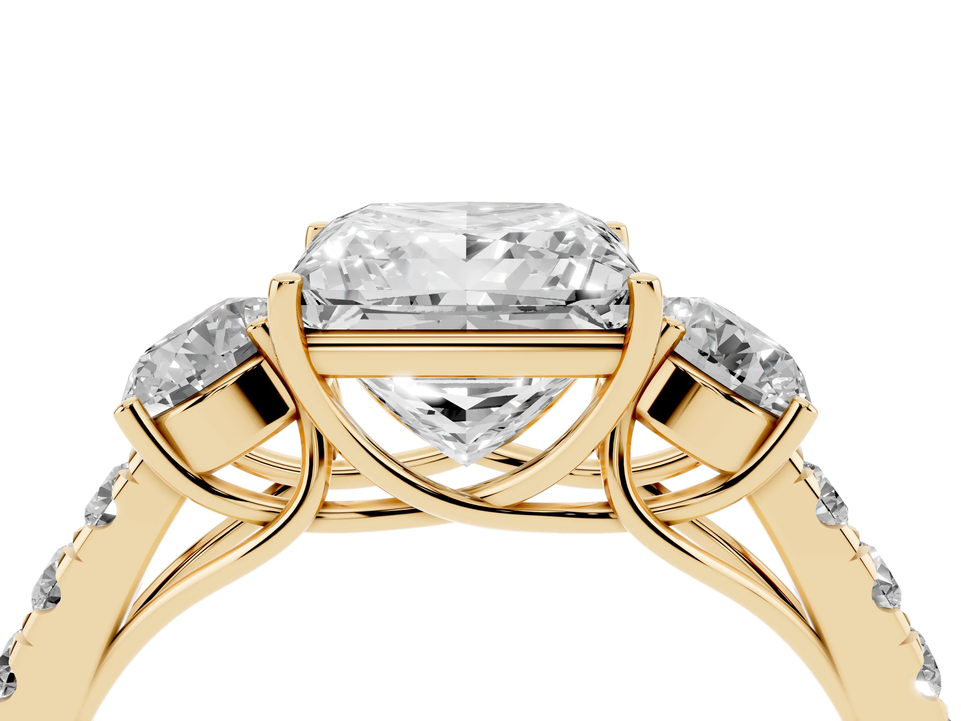 Princess Cut Diamond Three-Stone Ring Set in Yellow gold with Round Side Stones and Delicate Pavé Band