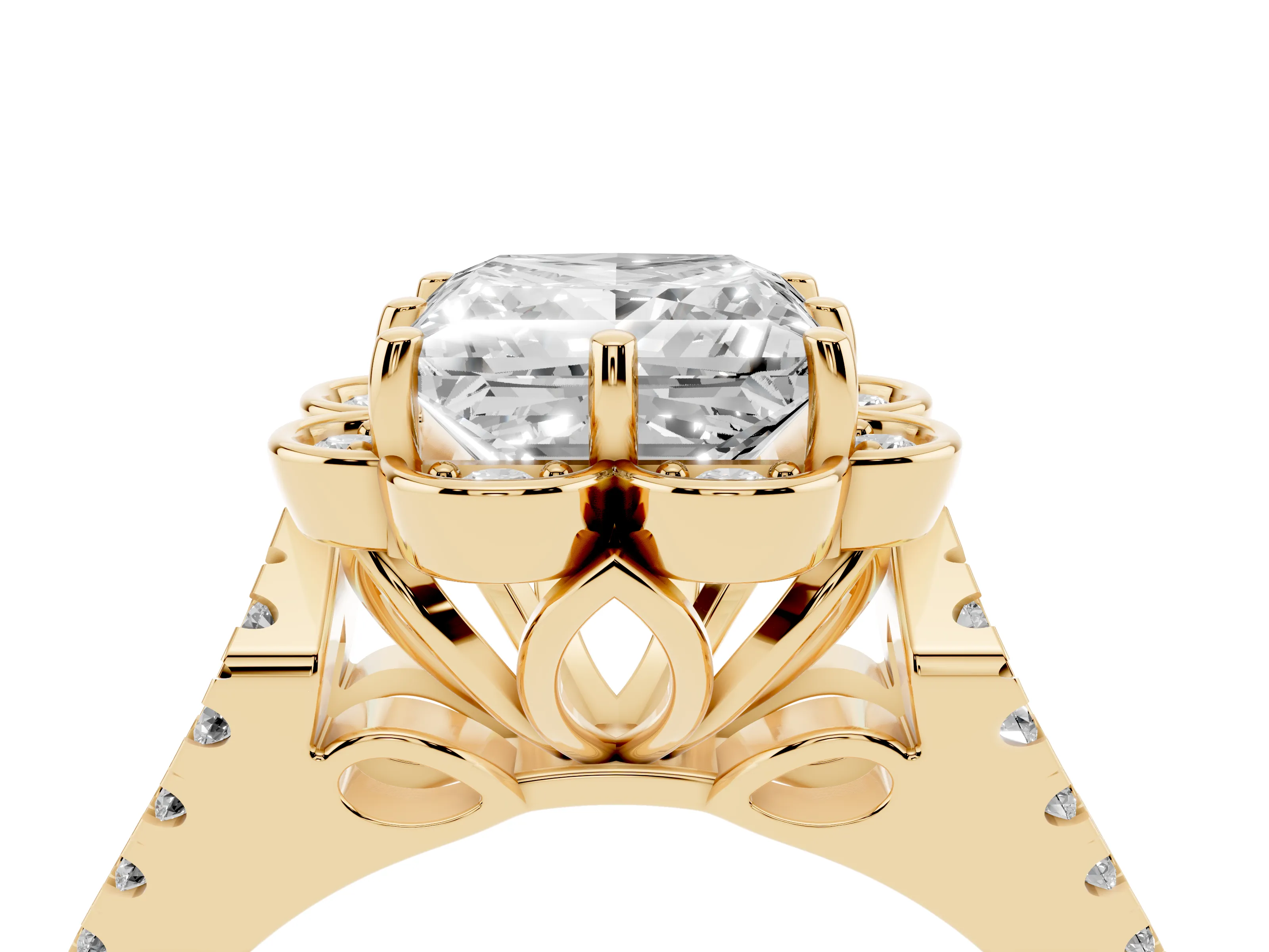 Princess Cut Diamond Floral Halo Split Shank Engagement Ring Set in Yellow gold with Pavé Shank