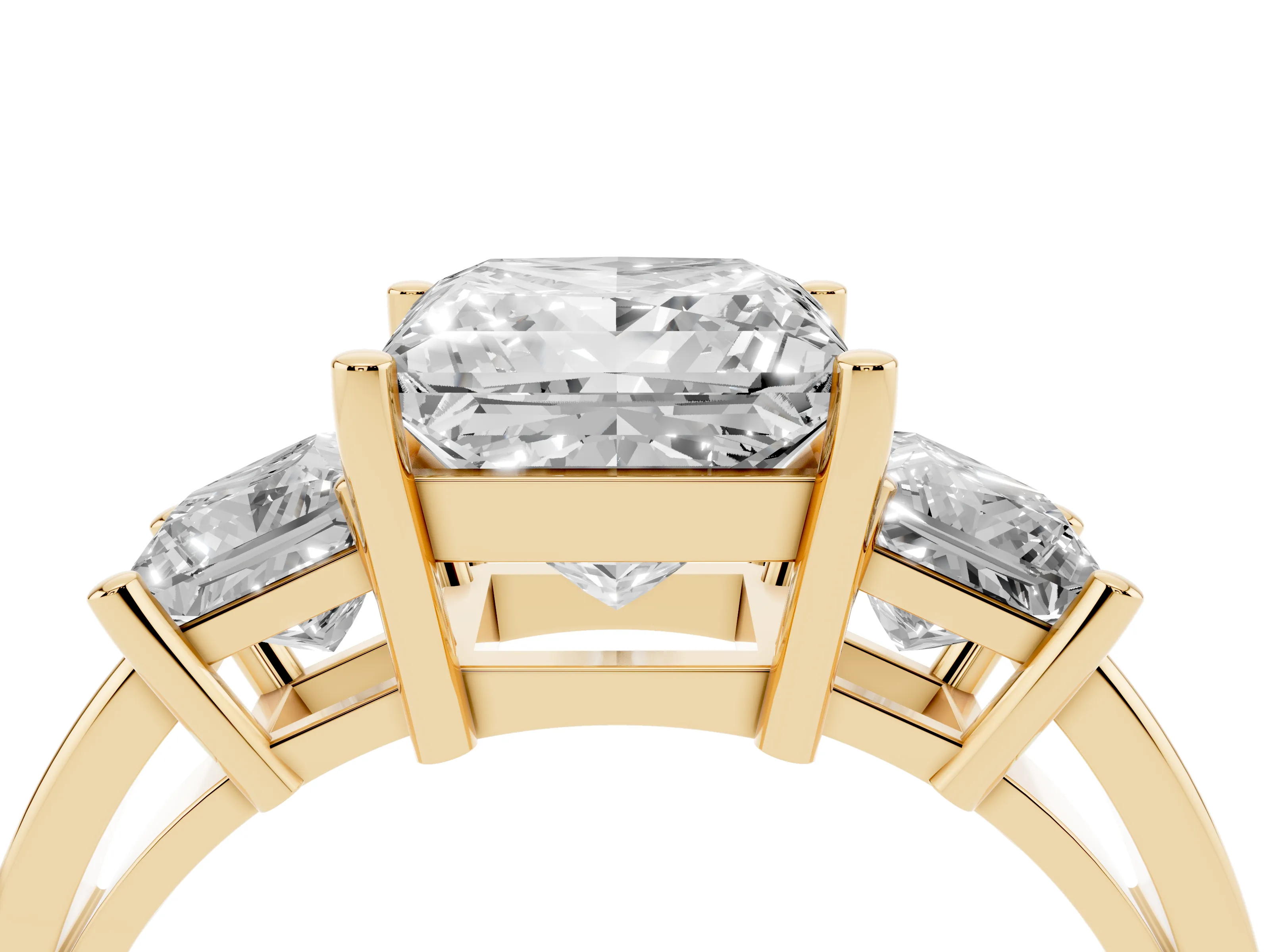 Three-Stone Princess Cut Diamond Solitaire Ring Set in Yellow gold with Prong Setting