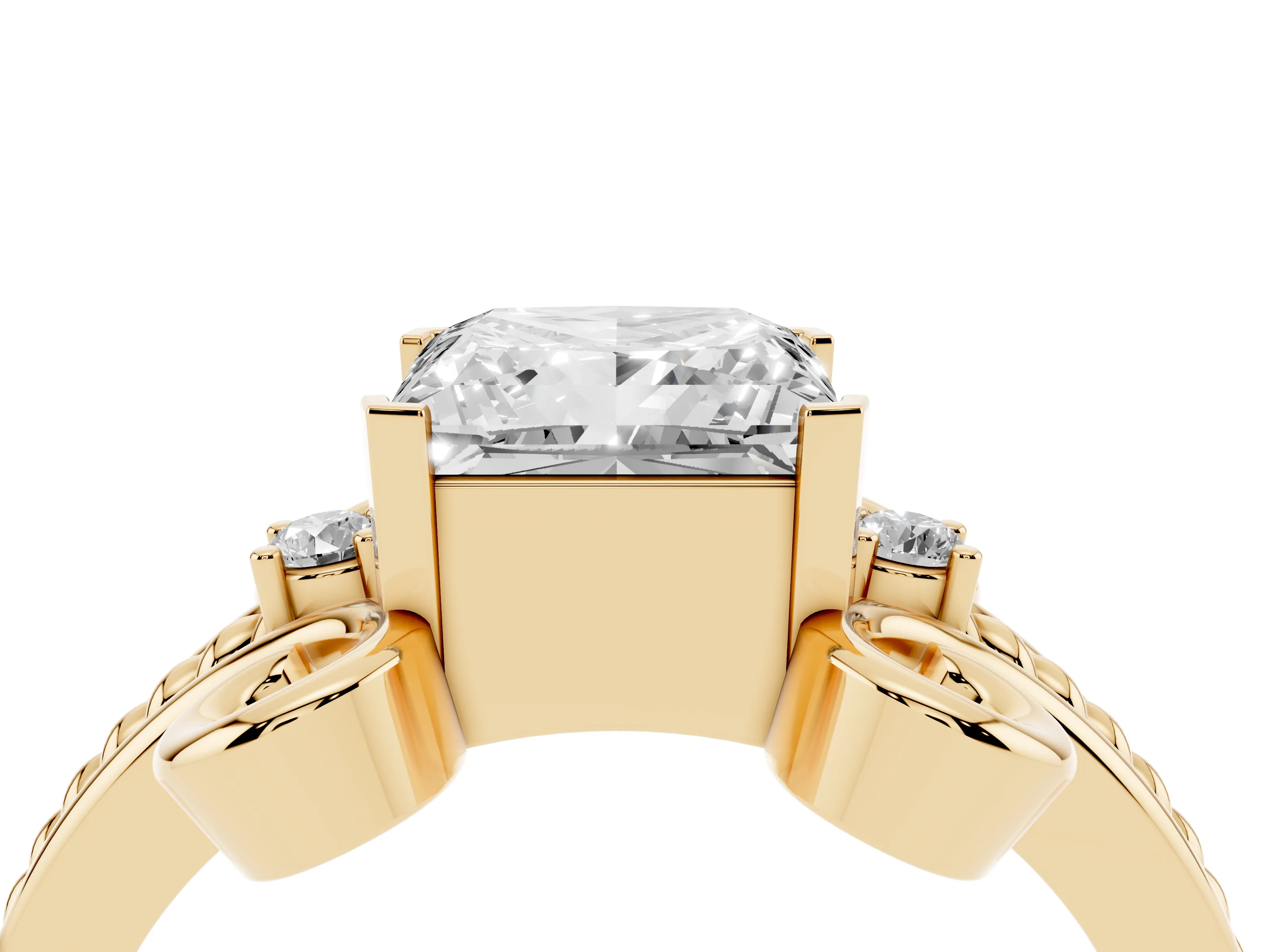 Princess Cut Diamond Twisted Band Solitaire Ring Set in Yellow gold with Scroll Prongs
