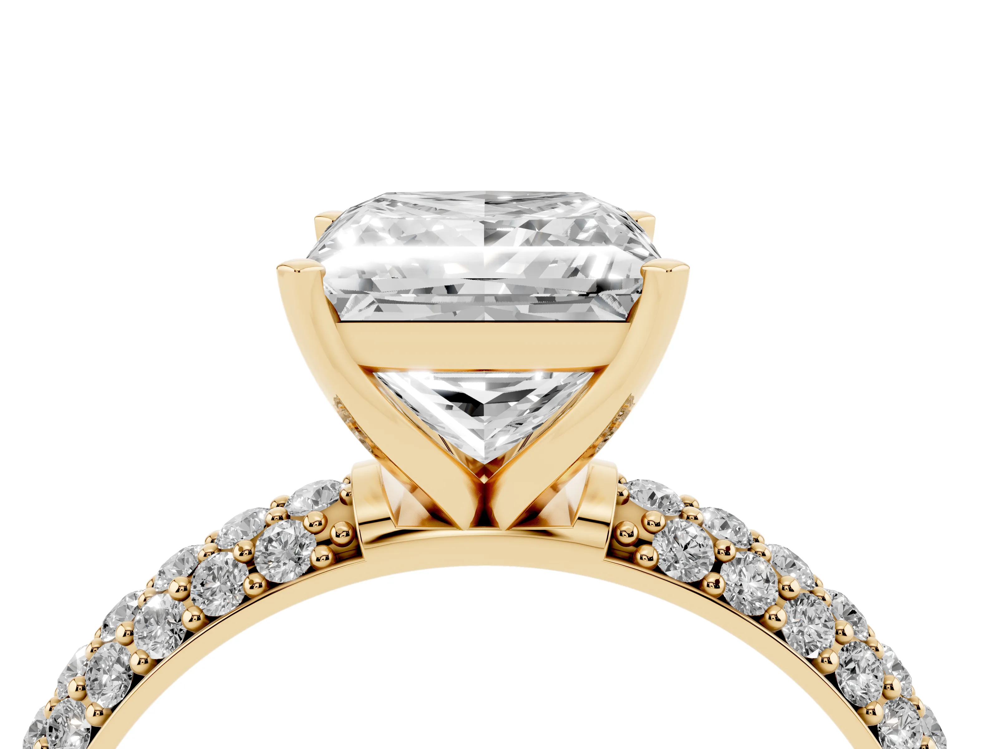 Princess Cut Diamond Solitaire Ring Set in Yellow gold with Prong Setting and Pavé-Set Band