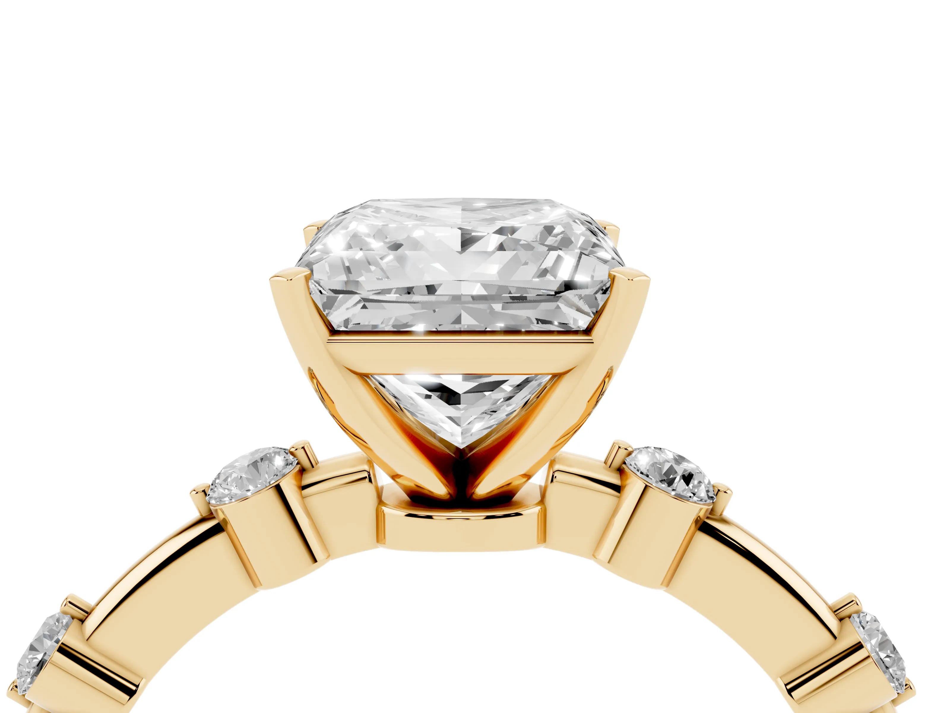 Princess Cut Diamond Solitaire Ring Set in Yellow gold with Bezel Set Side Stones and Prong Setting
