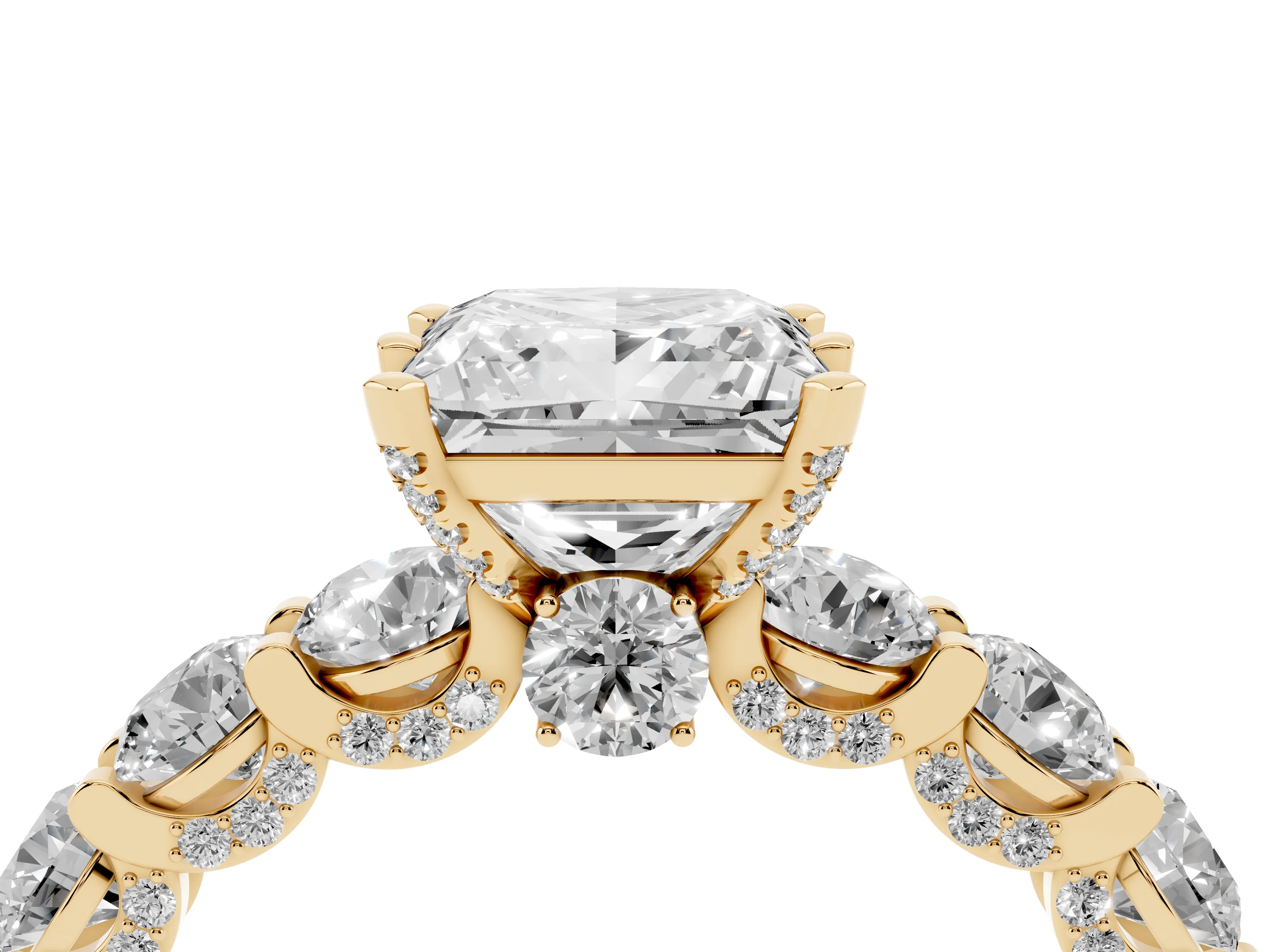 Princess Cut Diamond Side Stone Ring Set in Yellow gold with Alternating Round and Oval Side Stones