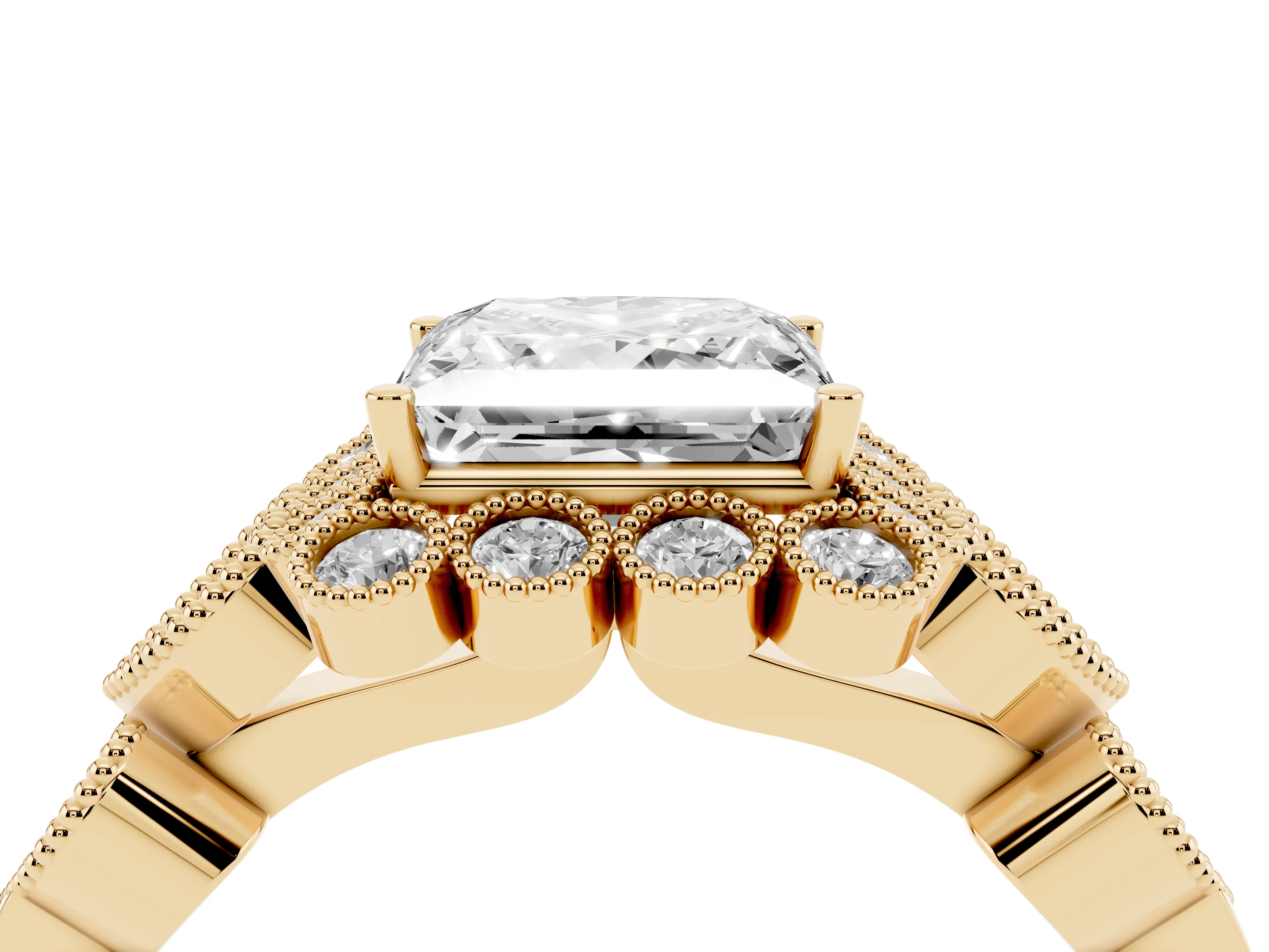 Princess Cut Diamond Solitaire Ring Set in Yellow gold with Milgrain Pavé Heart Band