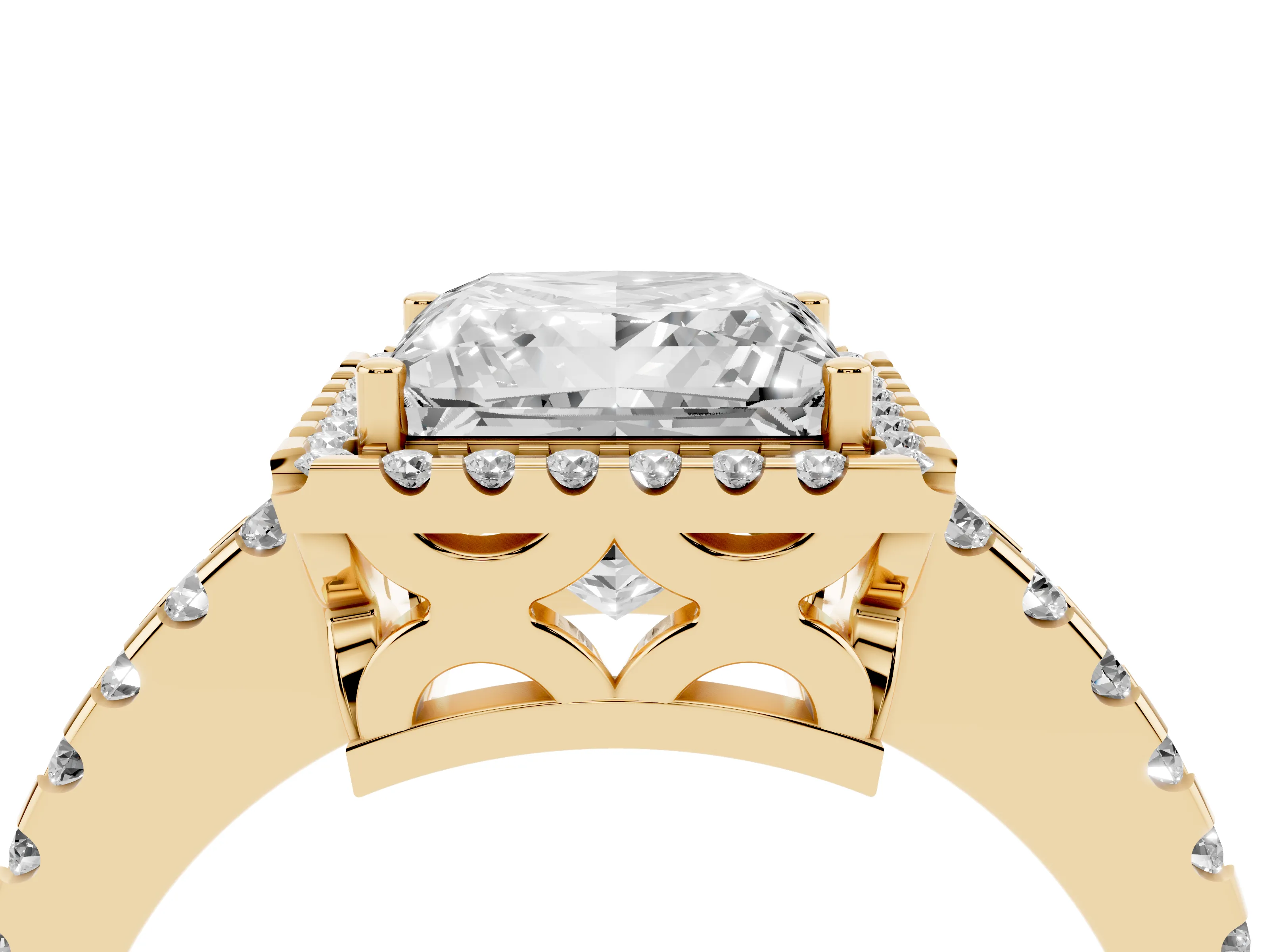 Princess Cut Diamond Halo Ring Set in Yellow gold with Pavé Shoulders and Halo-Framed Center