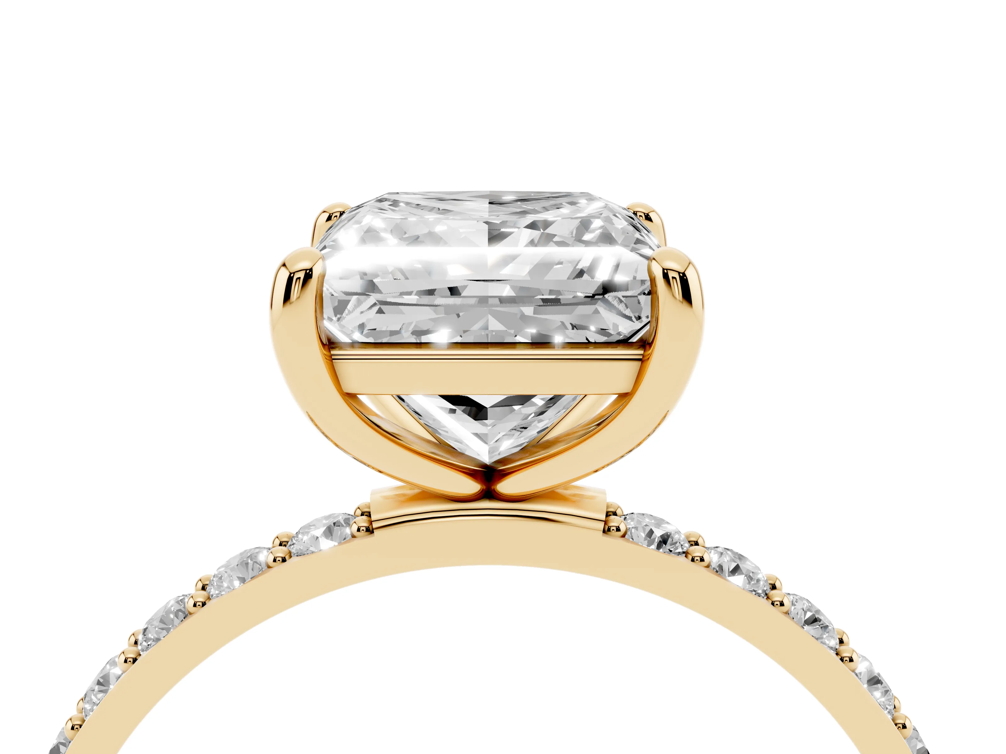 Princess Cut Diamond Solitaire Ring Set in Yellow gold with Round Pavé Band and Prong Setting