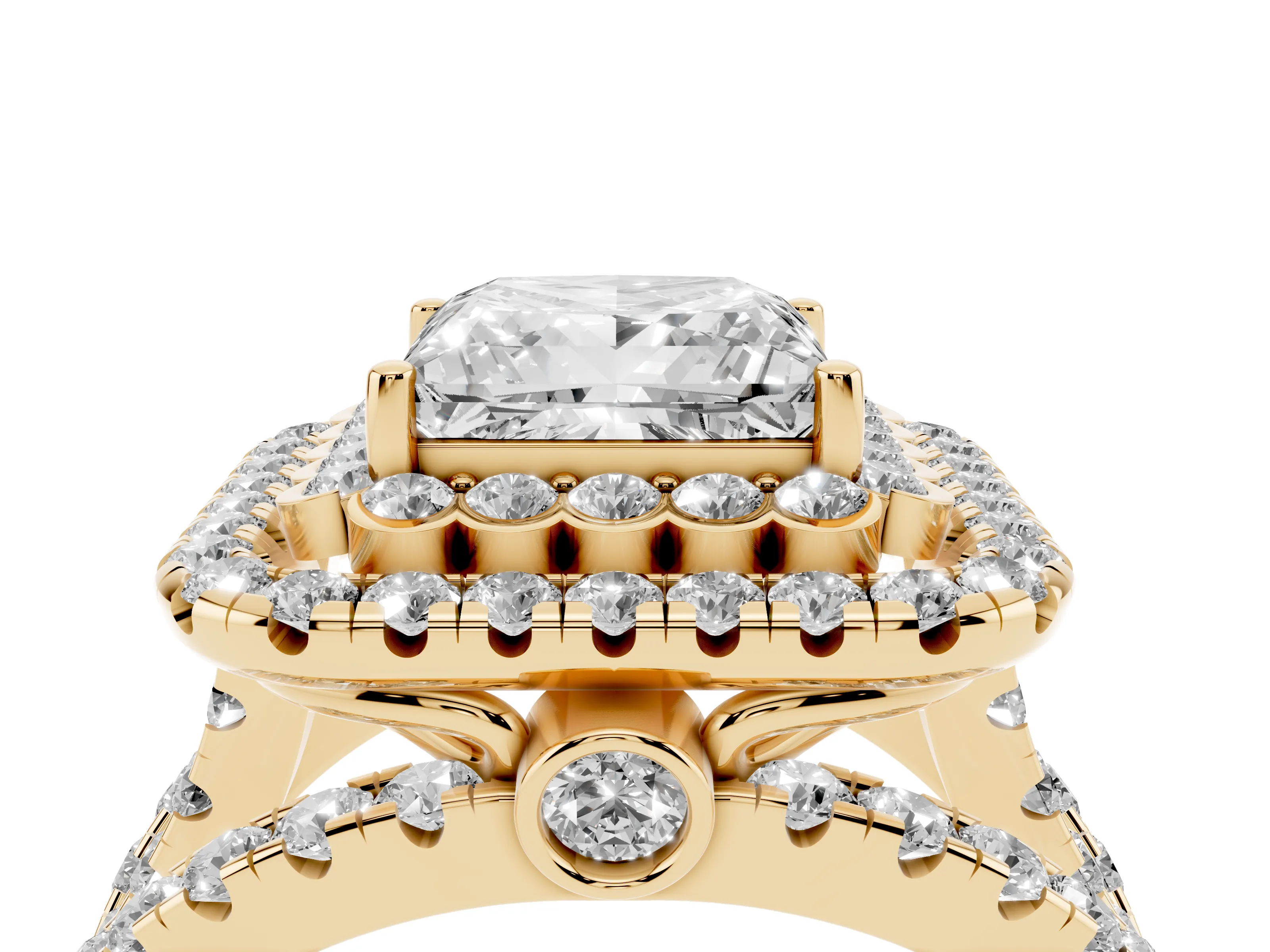 Princess Cut Diamond Double Halo Ring Set in Yellow gold with Round Pavé Split Shank
