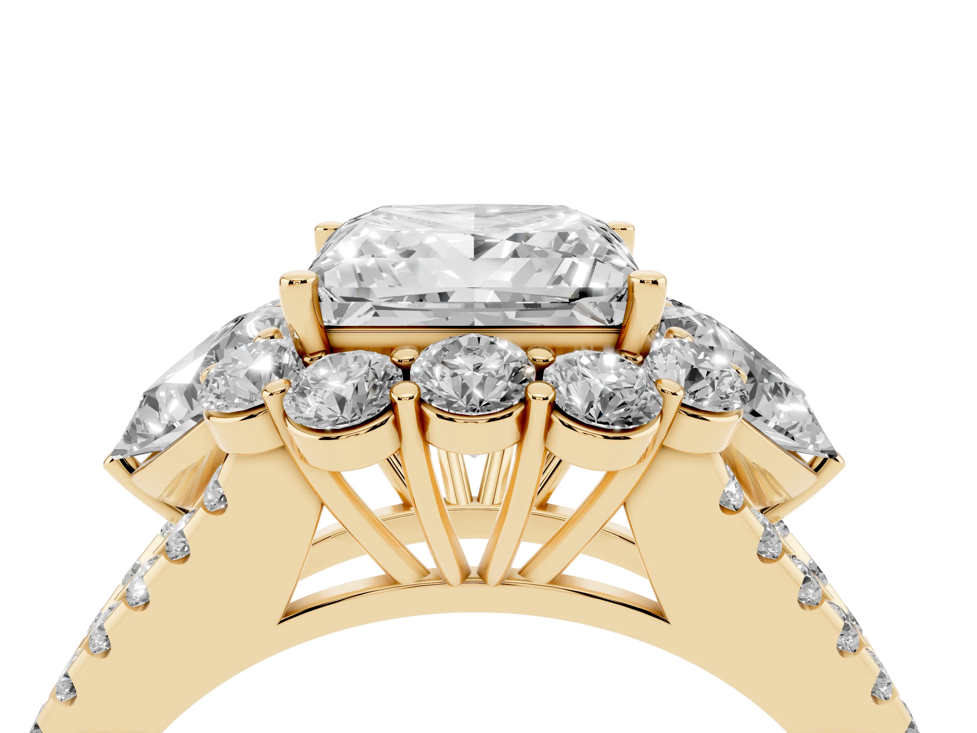 Princess Cut Diamond Halo Split Shank Engagement Ring Set in Yellow gold with Prong-Held Center Stone