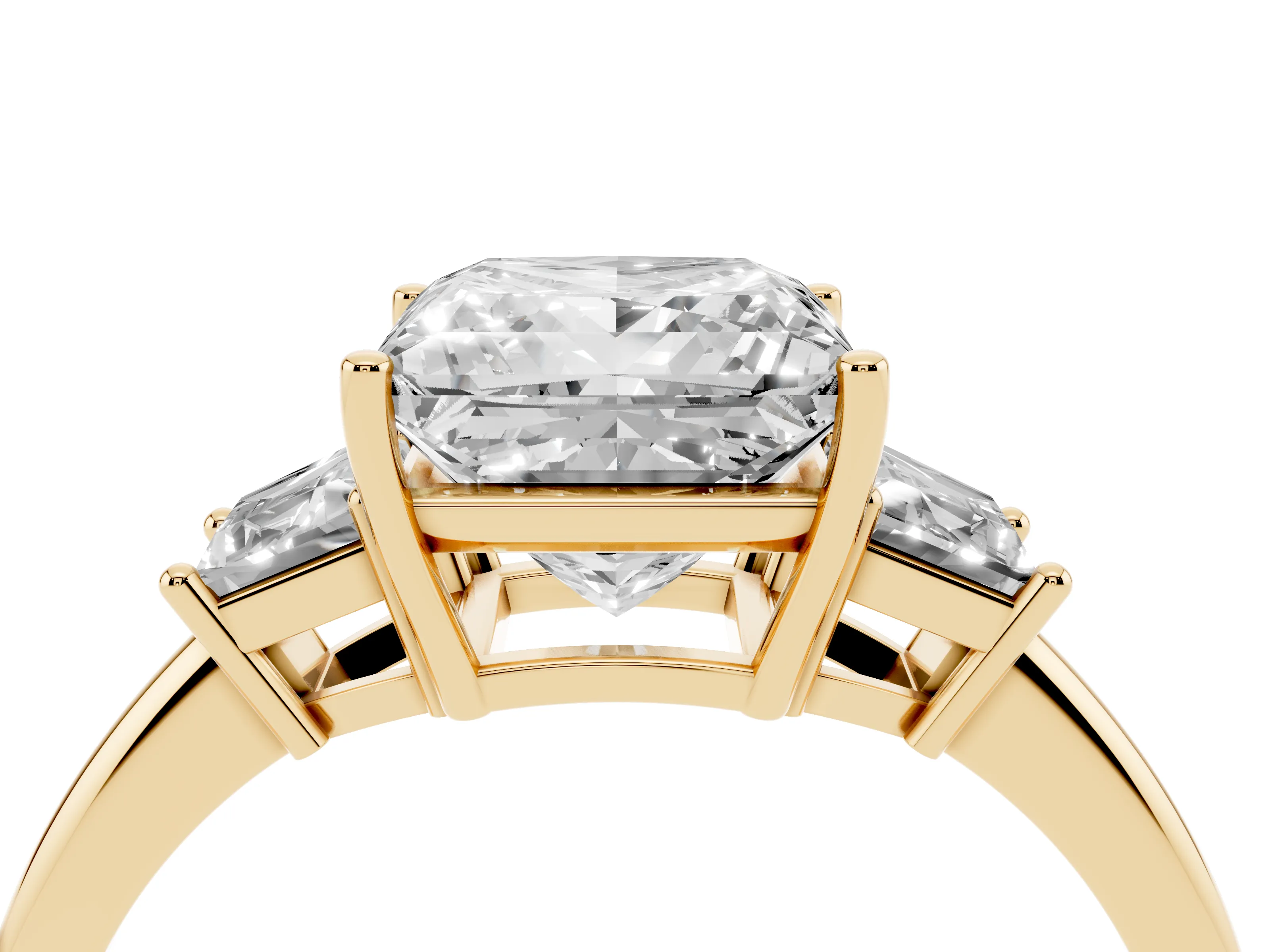 Princess Cut Diamond Three-Stone Ring Set in Yellow gold with Trapezoid Side Stones and Prong Setting