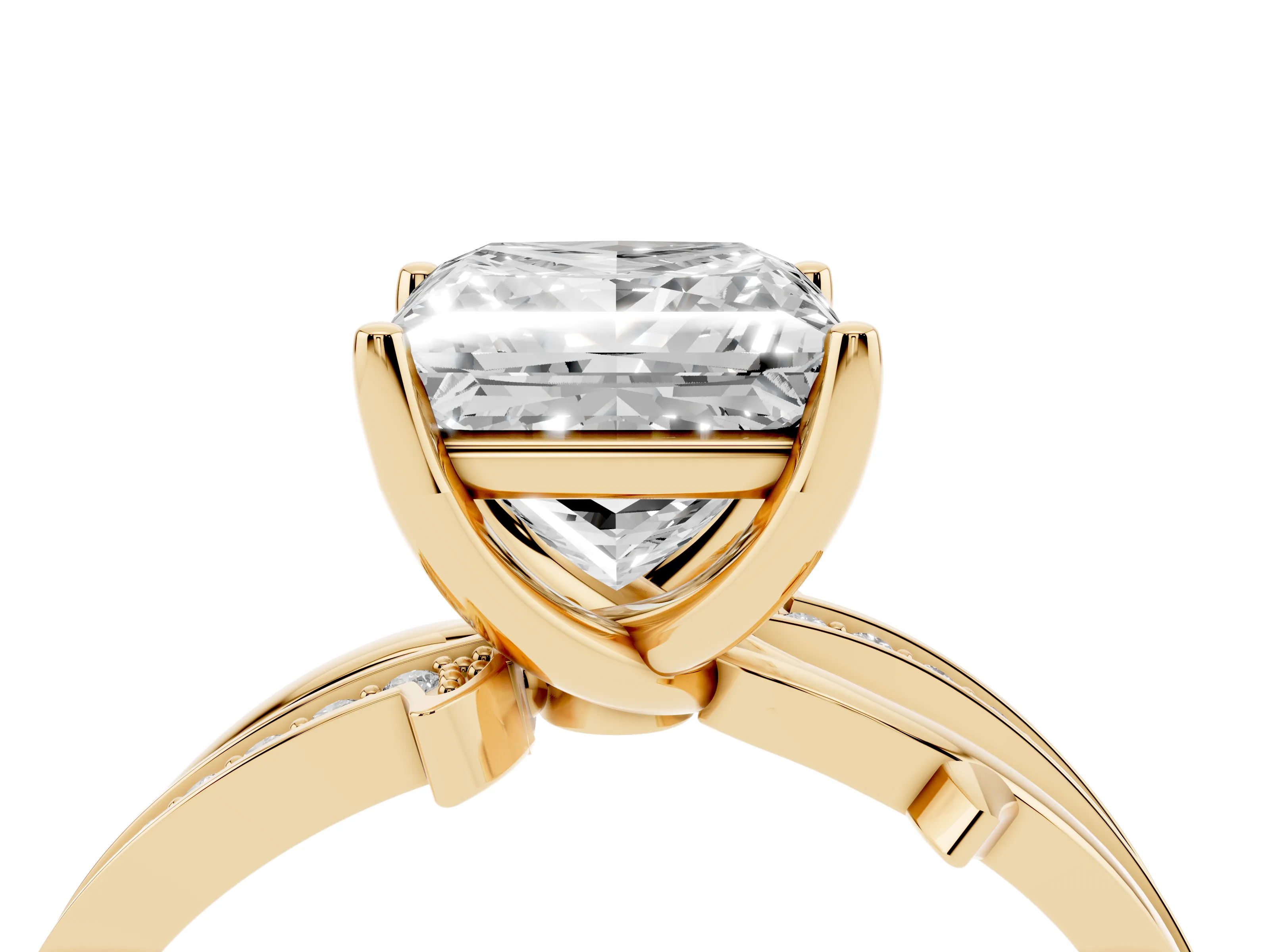 Princess Cut Diamond Pavé Twist Band Solitaire Ring Set in Yellow gold with Prong Setting