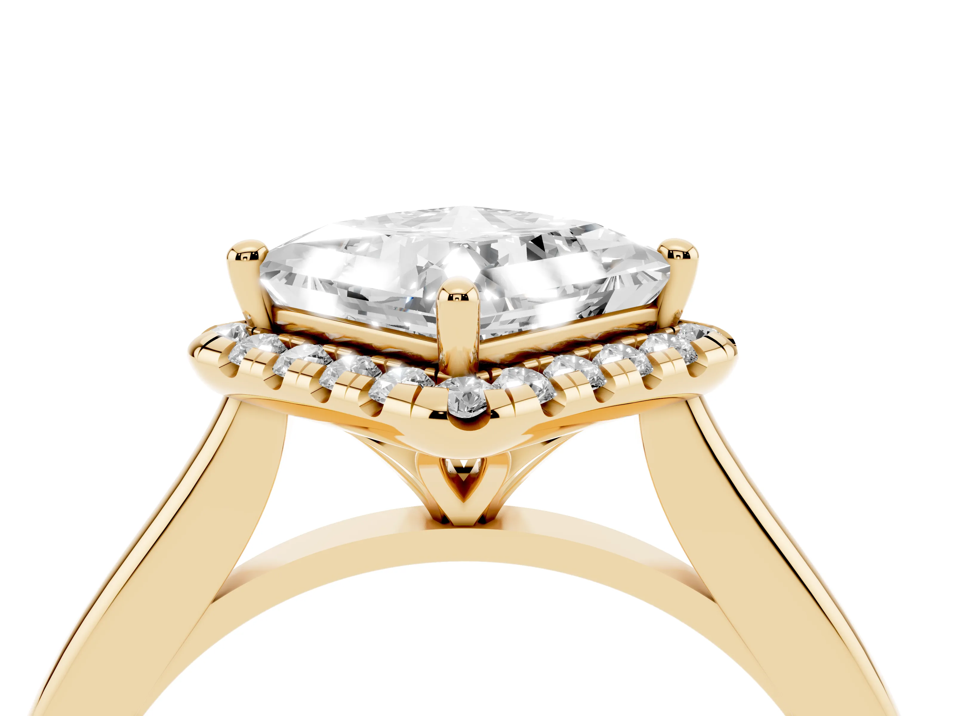 Princess Cut Diamond Halo Engagement Ring Set in Yellow gold with Pavé Band and Rising Shoulders